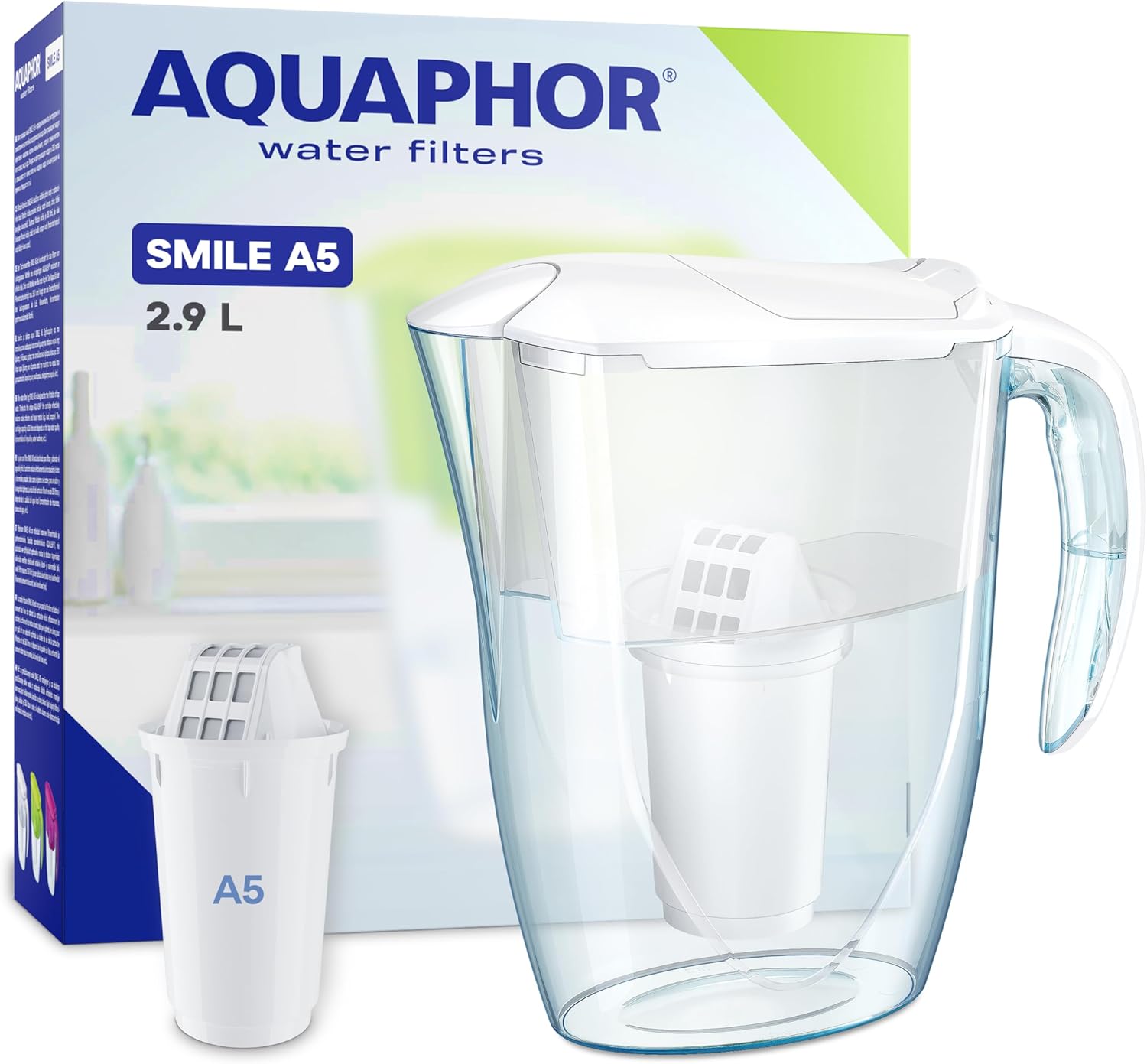AQUAPHOR Smile White Wasserfilter inklusive 1 A5-Filter I Reduziert Kalk und Chlor I Karaffe für 2,9 LI Kompakter und leichter Wasserfilter I Tischwasserfilter I Passt in die Kühlschranktür