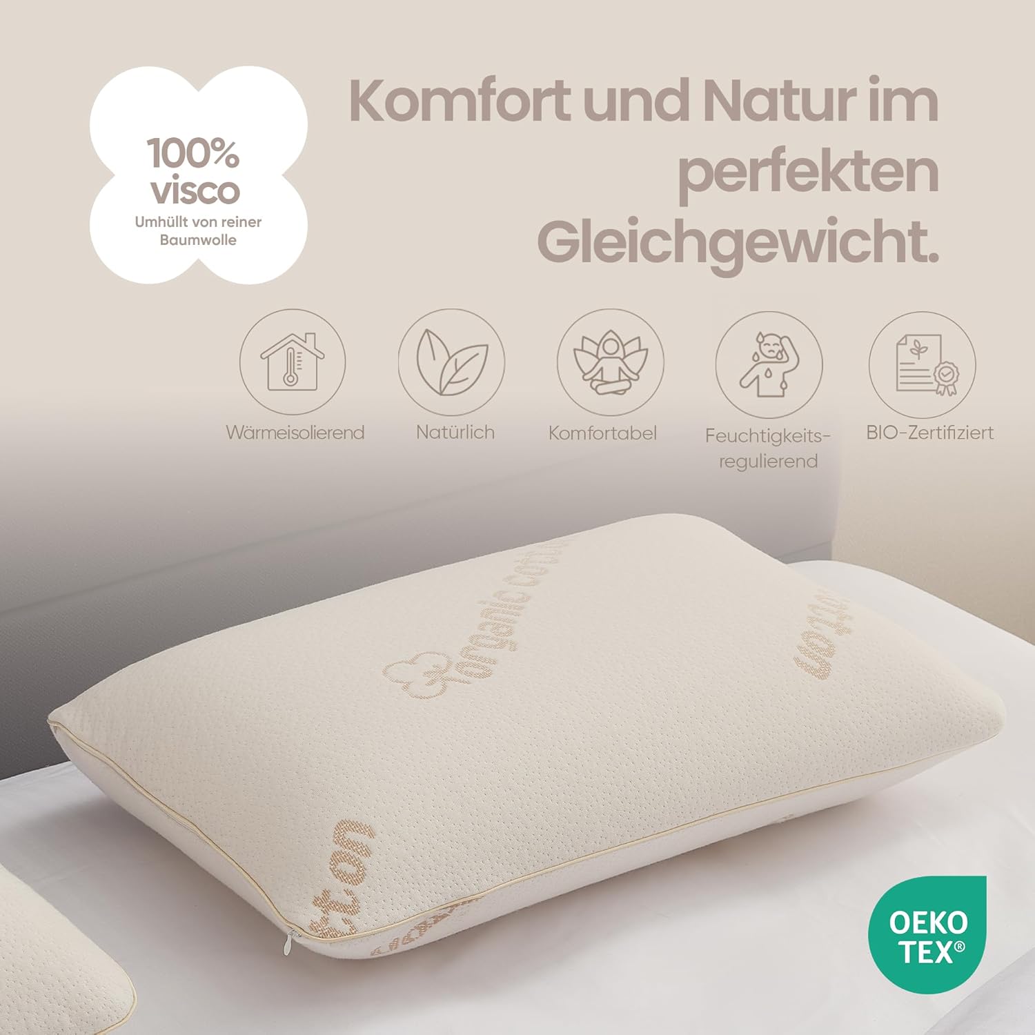 Bio-Baumwolle, orthopädisches Nackenstützkissen – mittelfest – für breite Schultern, Visco-Kissen, ergonomisch, hautfreundlich, natürlicher Schlafkomfort, Memory-Schaum-Kissen 15 cm hoch – Bild 3