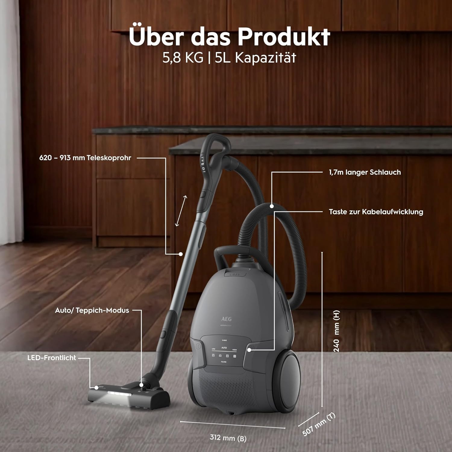 AEG Animal 8000 Staubsauger mit Beutel, Testsieger der Stiftung Warentest, hohe Saugleistung, Auto-Modus, 48 % recycelter Kunststoff, Tierhaardüse, HEPA-Filtration, 12 m, LED-Licht, AB81A2DG – Bild 2