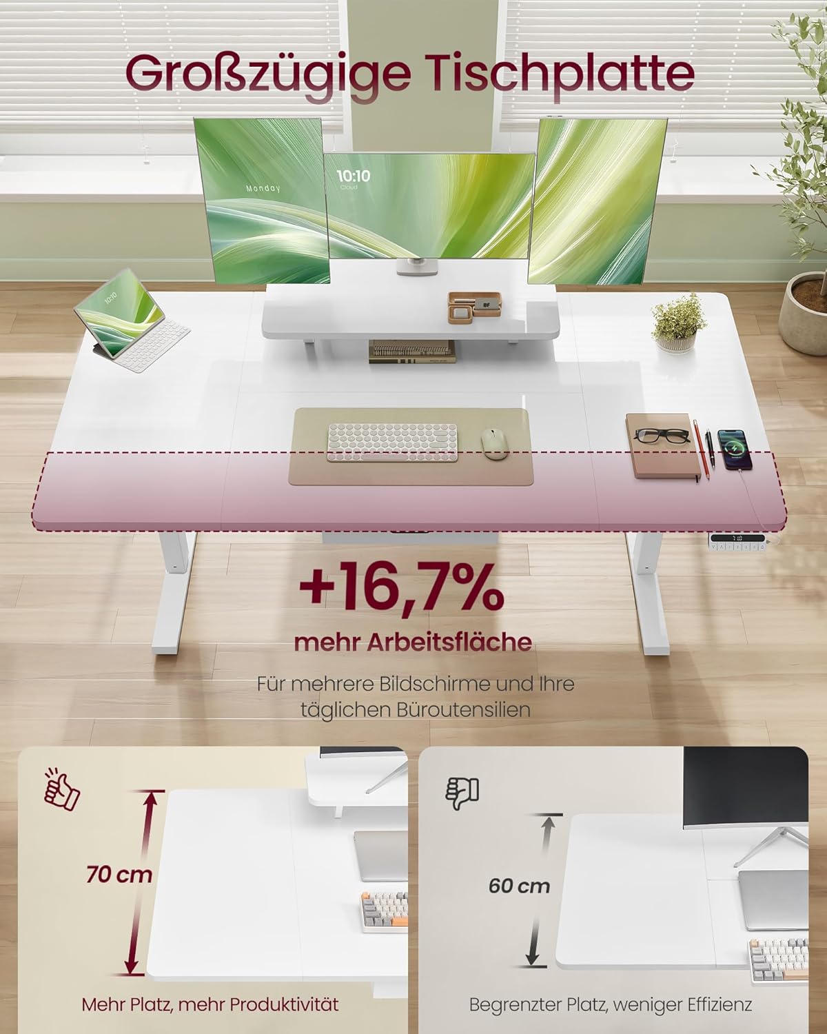 VASAGLE höhenverstellbarer Schreibtisch, 140 x 70 cm, flexible Halterung, Monitorständer, Schublade, USB-C-Anschluss, sitzende Erinnerung, Office Cloud, Weiß LSD154WB01 – Bild 4