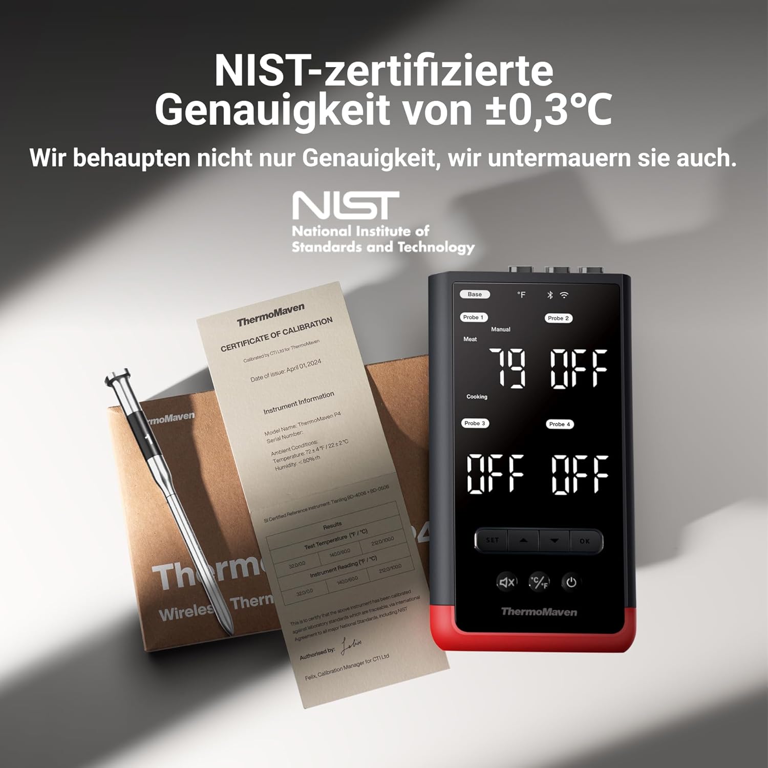 ThermoMaven P4 Fleischthermometer kabellos – 4 Sonden, 6 Sensoren, WLAN und Bluetooth 5.3, ±0,3 °C präzise, IPX8 wasserdicht, App-Steuerung, NIST- und NSF-zertifiziert, Grillthermometer, Bratenthermometer – Bild 4