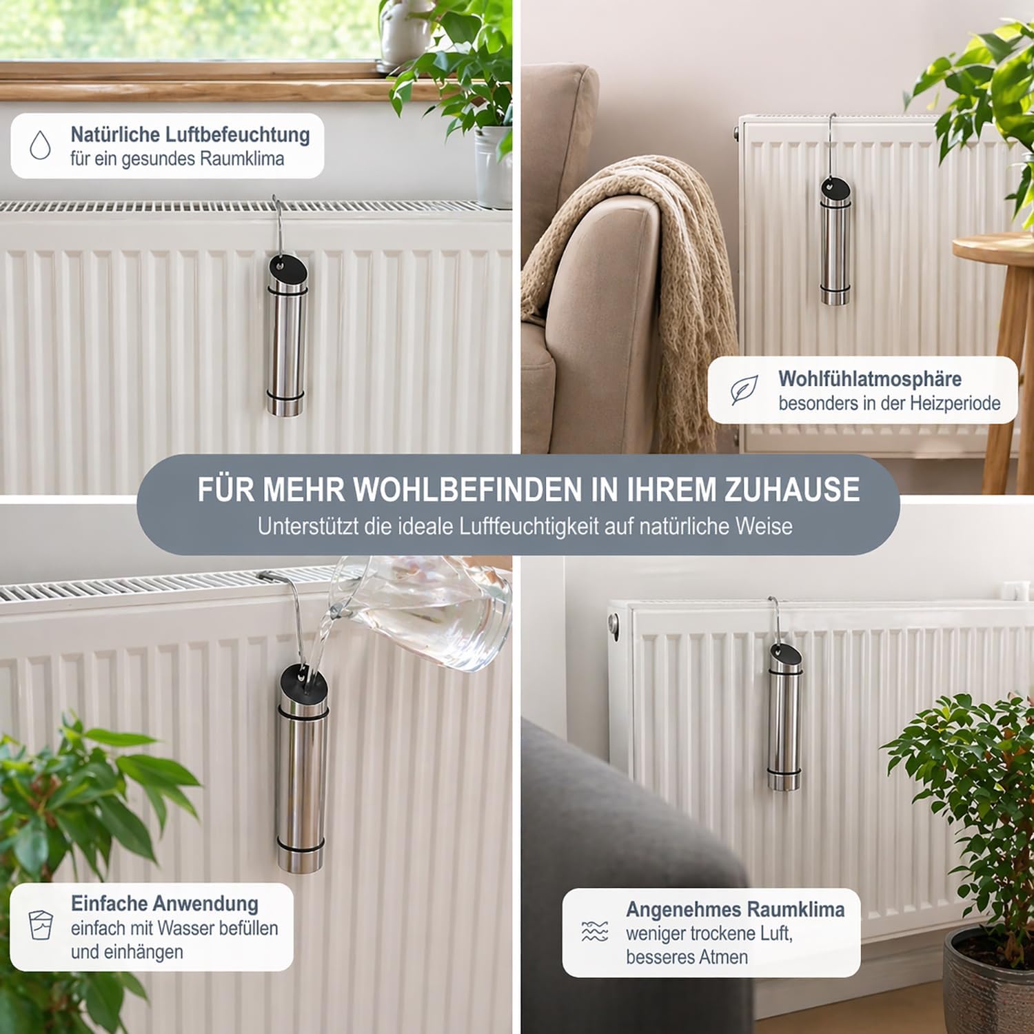 com-four 4 x Luftbefeuchter aus Edelstahl – Verdampfer für hängenden Heizkörper – Wasserbehälter mit S-Haken für ein angenehmes Raumklima – Bild 2