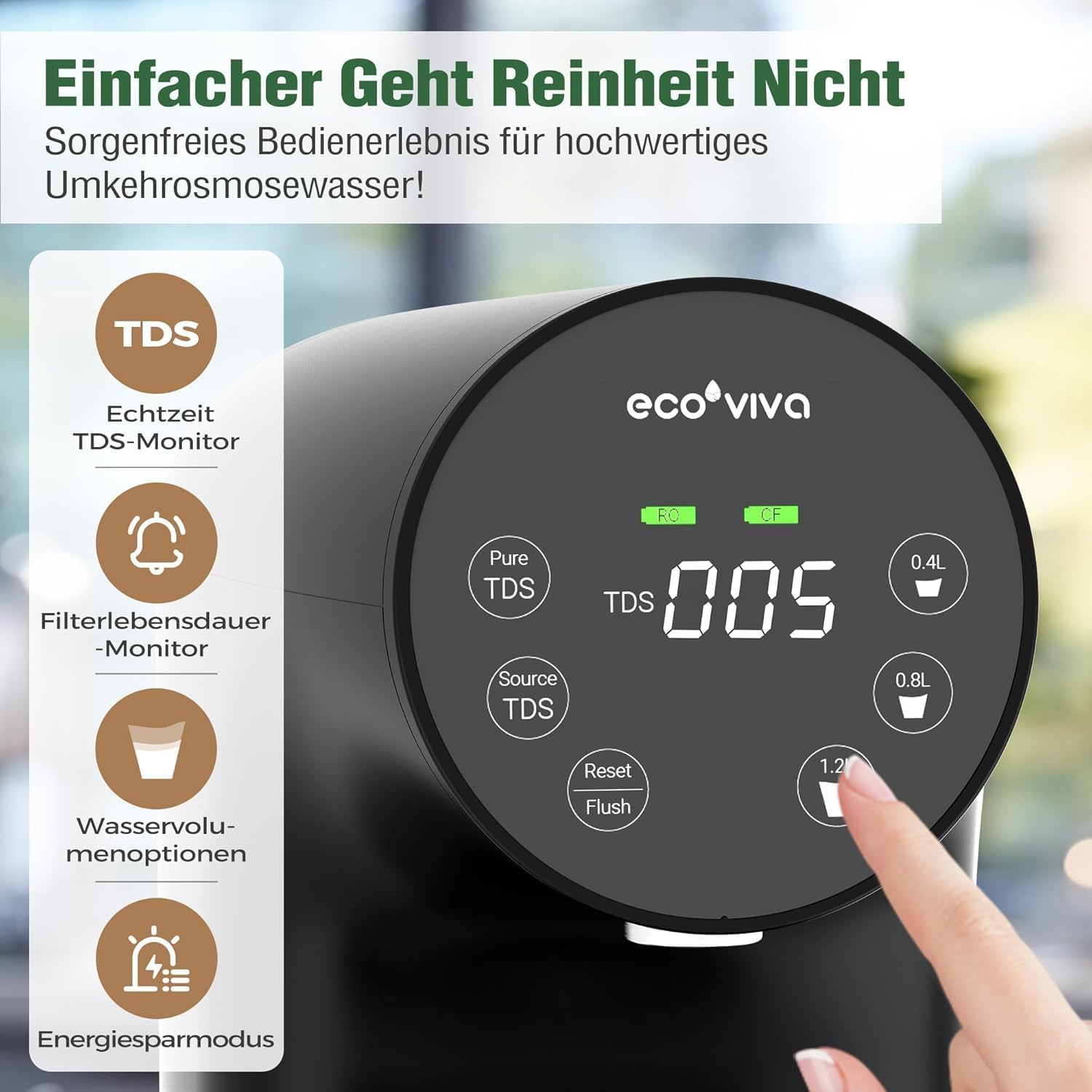 Ecoviva WP-RO-200G Tischosmoseanlage, Trinkwasser-Umkehrosmoseanlage mit 5-stufiger Filterung, Echtzeit-TDS-Monitor, 3:1 Reinheit zum Abfluss, mobiler Umkehrosmose-Wasserfilter, keine Installation – Bild 4
