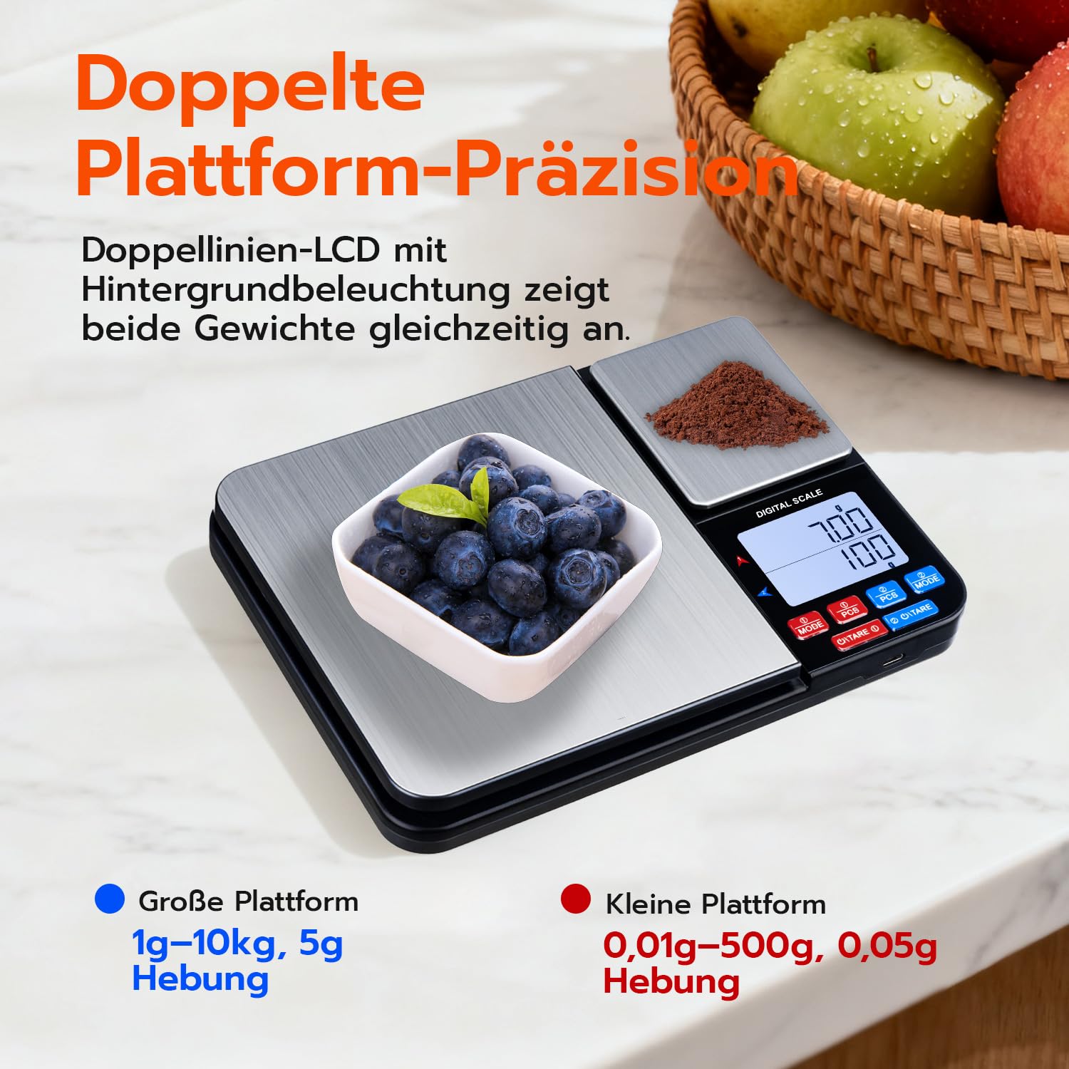 Wigearss Digitale Küchenwaage mit Doppelplattform, 10 kg/1 g und 500 g/0,01 g, Doppelfunktions-Küchenpräzisionswaage mit 7 Einheiten, Zähler, Tara-Funktion – Bild 2