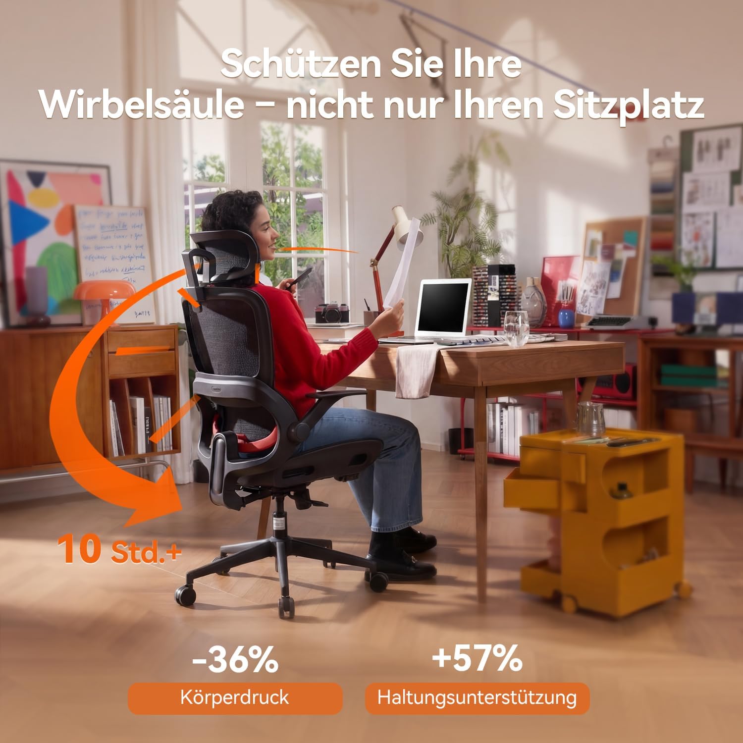 SIHOO Ergonomischer Bürostuhl, Schreibtischstuhl mit dynamischer 4D-Lendenwirbelstütze, breiter Kopfstütze und klappbaren Armlehnen, 90–135° neigbar, Schwarz – Bild 5