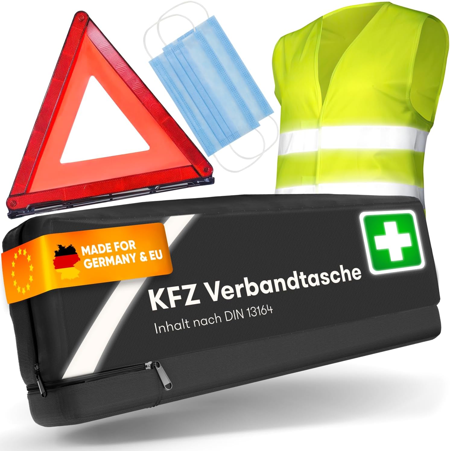 PURAHELP Kfz-Verbandskasten Kombitasche schwarz inkl. Warndreieck & Warnweste (DIN 13164) – Kfz-Verbandskasten mit Verbandstasche – StVO konform ab 2025 – Kfz-Verbandskasten