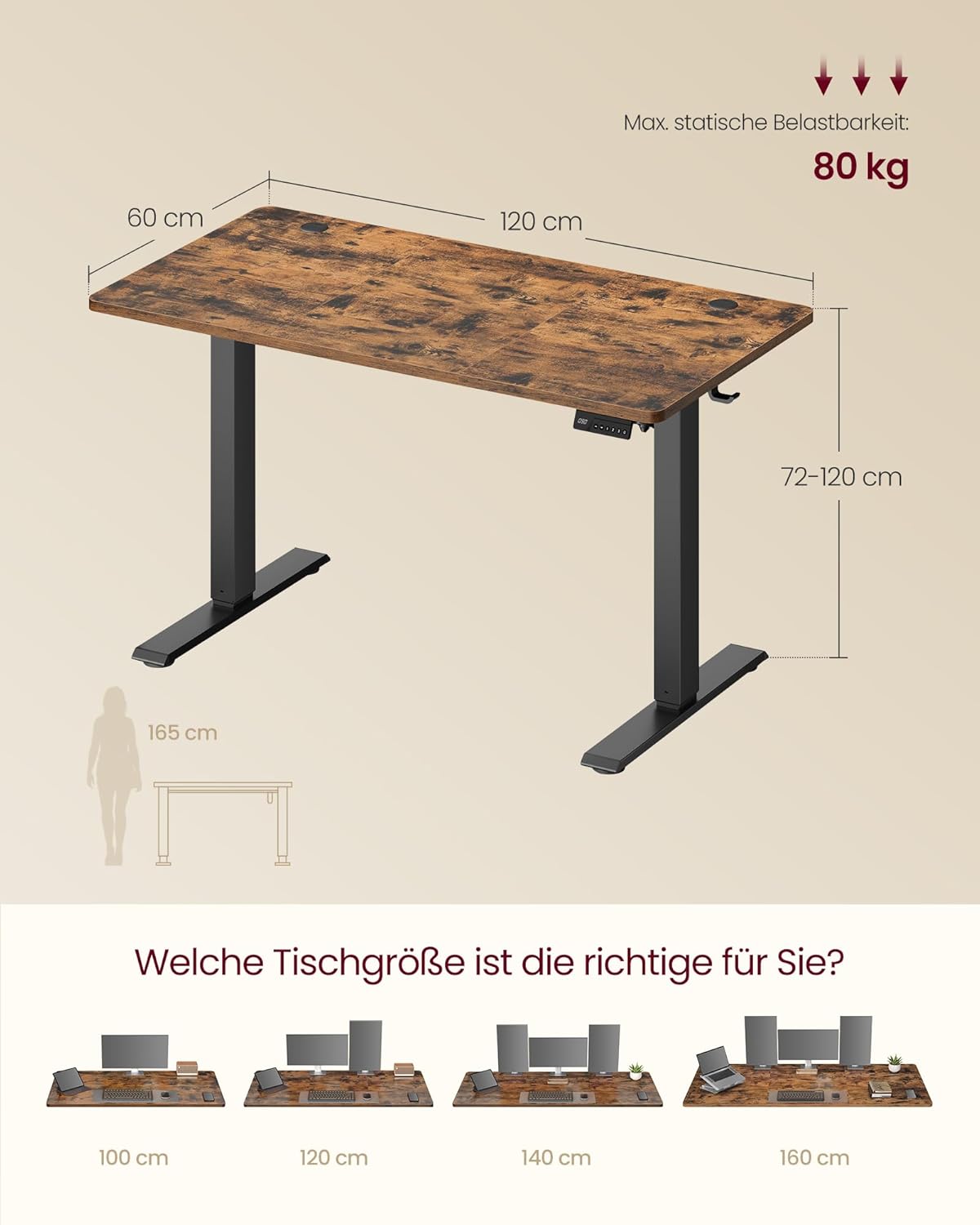 VASAGLE LSD312KD03 Höhenverstellbarer Schreibtisch, Stehpult, Computertisch, Long-Sit-Memory-Funktion, 4-Höhen-Büroschreibtisch, 120 x 60 cm, Vintage-Braun – Bild 3