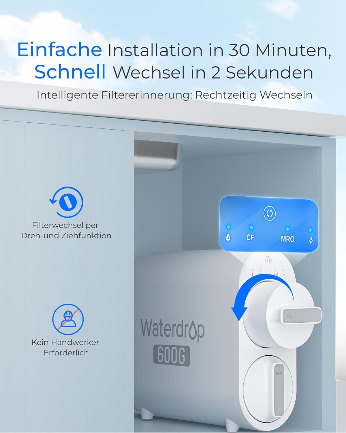 Waterdrop G2P600 Umkehrosmose-Wasserfiltersystem, 8000 Liter, 2:1 reines Wasser, ohne Tank, Entkalkungssystem, RO-System unter der Spüle – Bild 9