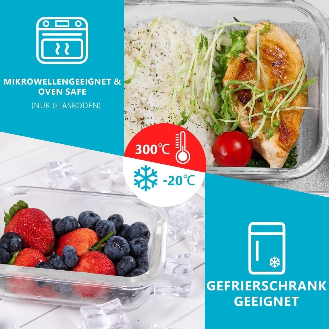 Igluu Meal Prep Frischhaltedosen aus Glas mit BPA-freien Deckeln (12 Stück) – mikrowellen-, ofen-, gefrierschrank-, spülmaschinenfest, auslaufsicher – verschiedene Größen – langlebiges Borosilikatglas – Bild 3