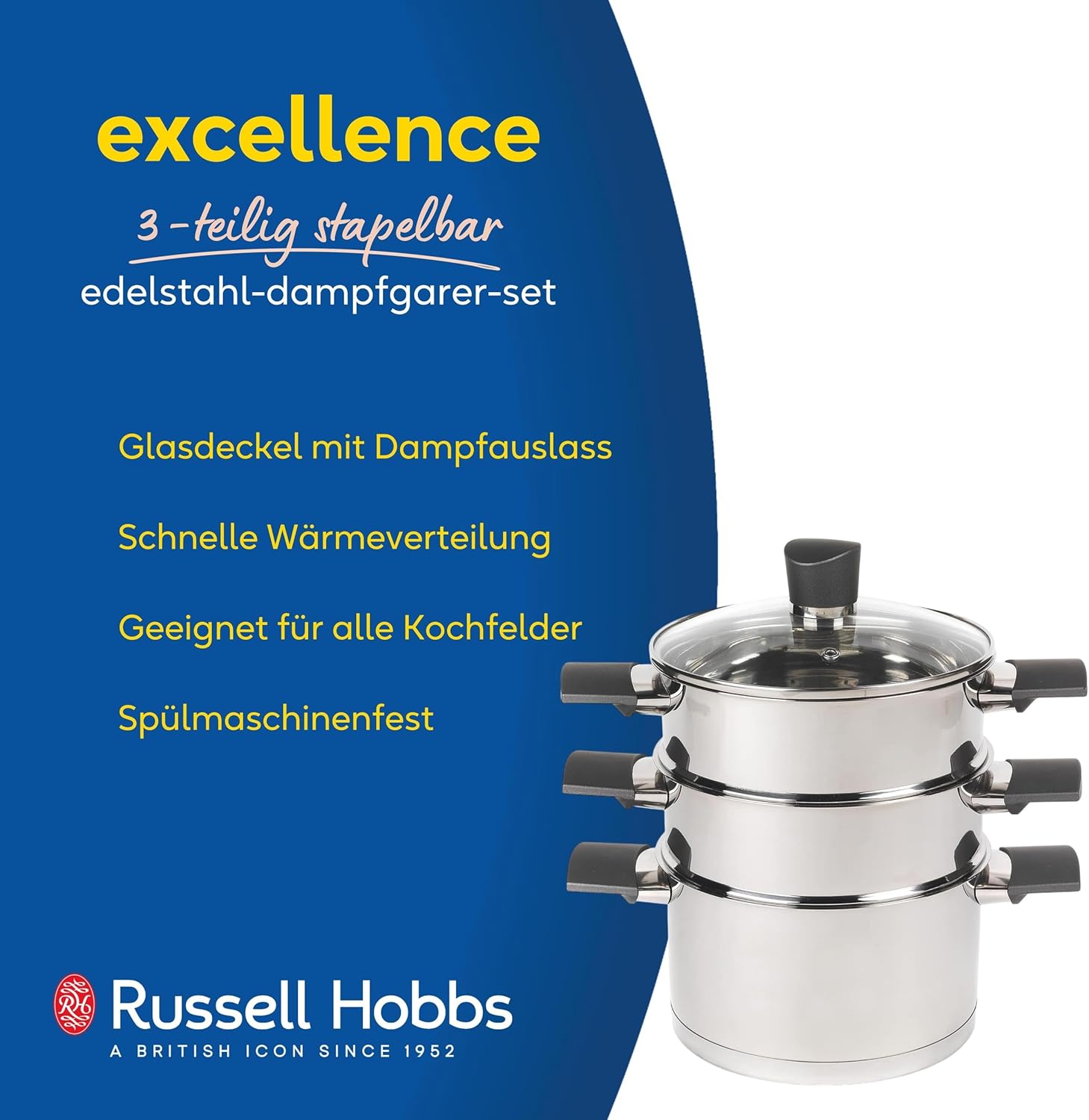 Russell Hobbs RH01170EU Excellence 3-teiliger stapelbarer Dampfgarer – 18 cm Dampfgarer-Set, Glasdeckel, kompakte Induktionspfannen, ideal für die Zubereitung von Eiern, Fleisch, Chargenkochen, Edelstahl – Bild 2