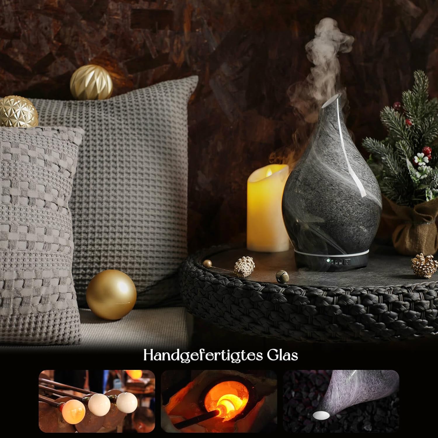 Porseme Aromadiffusor 280 ml, Luftbefeuchter aus mundgeblasenem Glas, Ultraschall-Aromatherapie-Öldiffusor mit 7 farbigen LED-Lichtern, Diffusor für ätherische Öle mit Timer, BPA-frei für Zuhause (Obsidian) – Bild 4