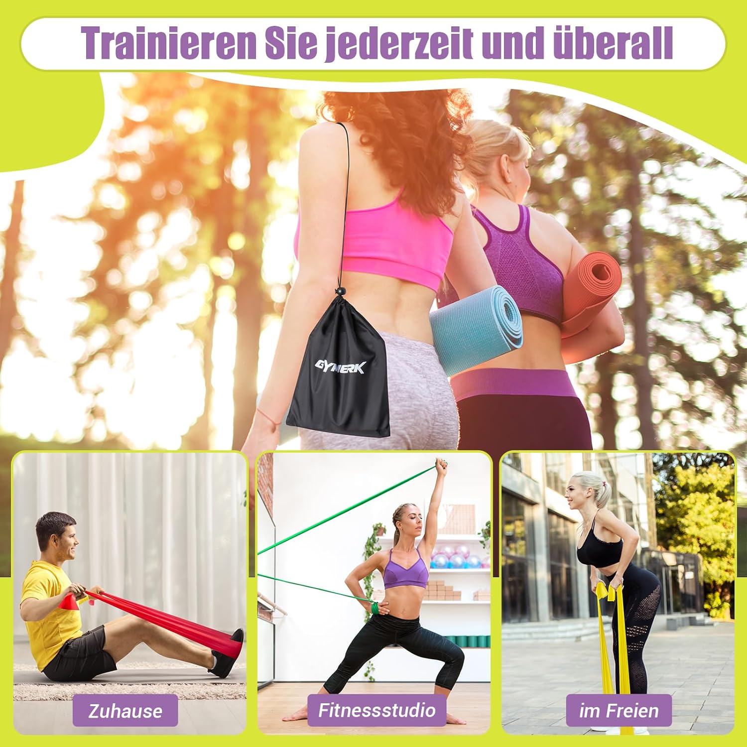 GYMERK Fitnessbänder 3er Set, 1,8 m Übungsband mit 3 Widerstandsstufen, Fitnessband mit Türanker, Tragetasche und Übungsanleitung, ideal für Yoga, – Bild 7