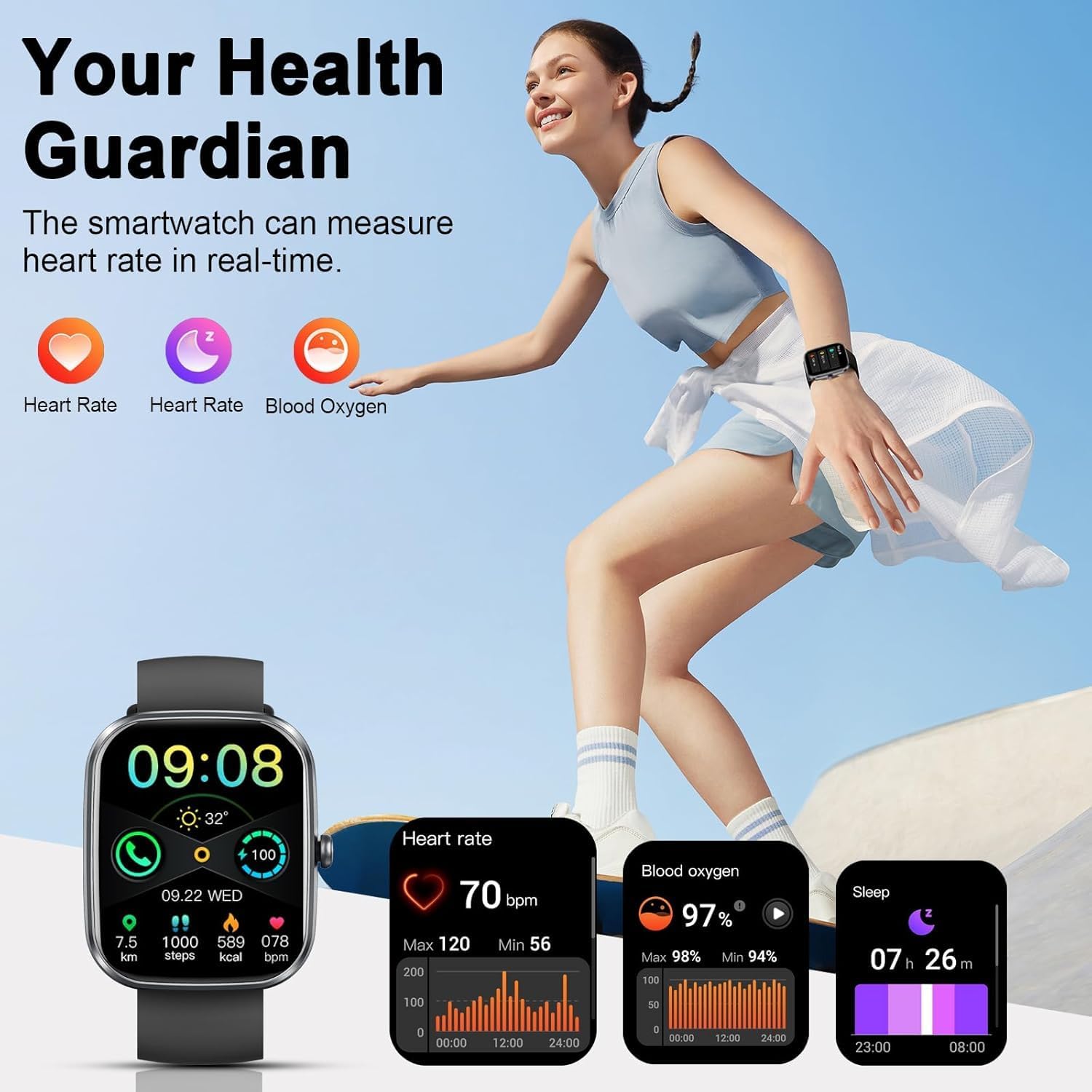 Soudorv Smartwatch Herren Damen mit Telefonfunktion, 1,91 Zoll HD Display Fitness Tracker, 1000 mAh Akku, 100 Tage Standby, 110+ Sportmodi, Fitnessuhr, Smartwatch, IPX7 Wasserdicht für iOS – Bild 4