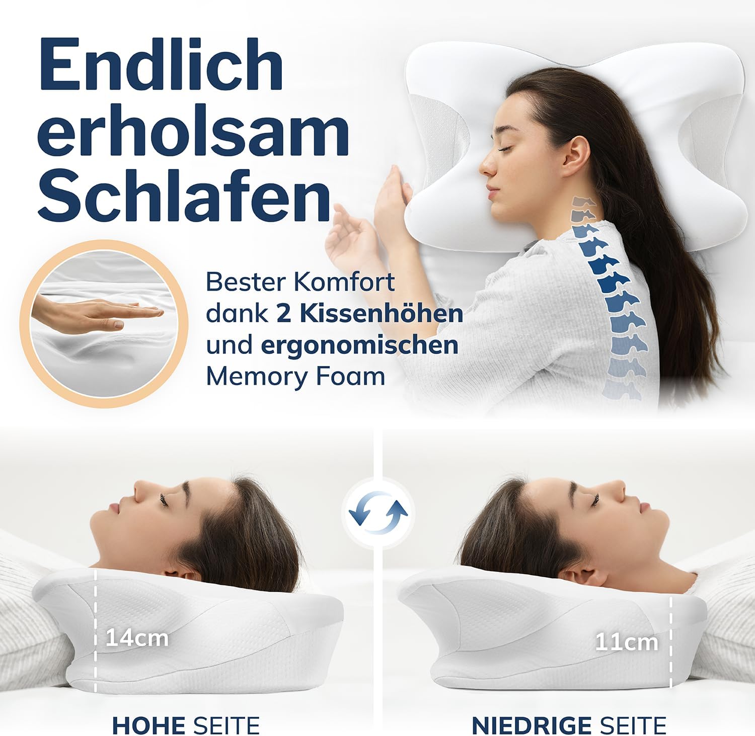 CALMONT – Orthopädisches Kissen für alle Schlaftypen I Nackenstützkissen für erholsamen Schlaf I Memory-Foam-Kissen für ideale Anpassung I Kissen gegen Nackenschmerzen, ergonomisches Kissen (weiß) – Bild 2