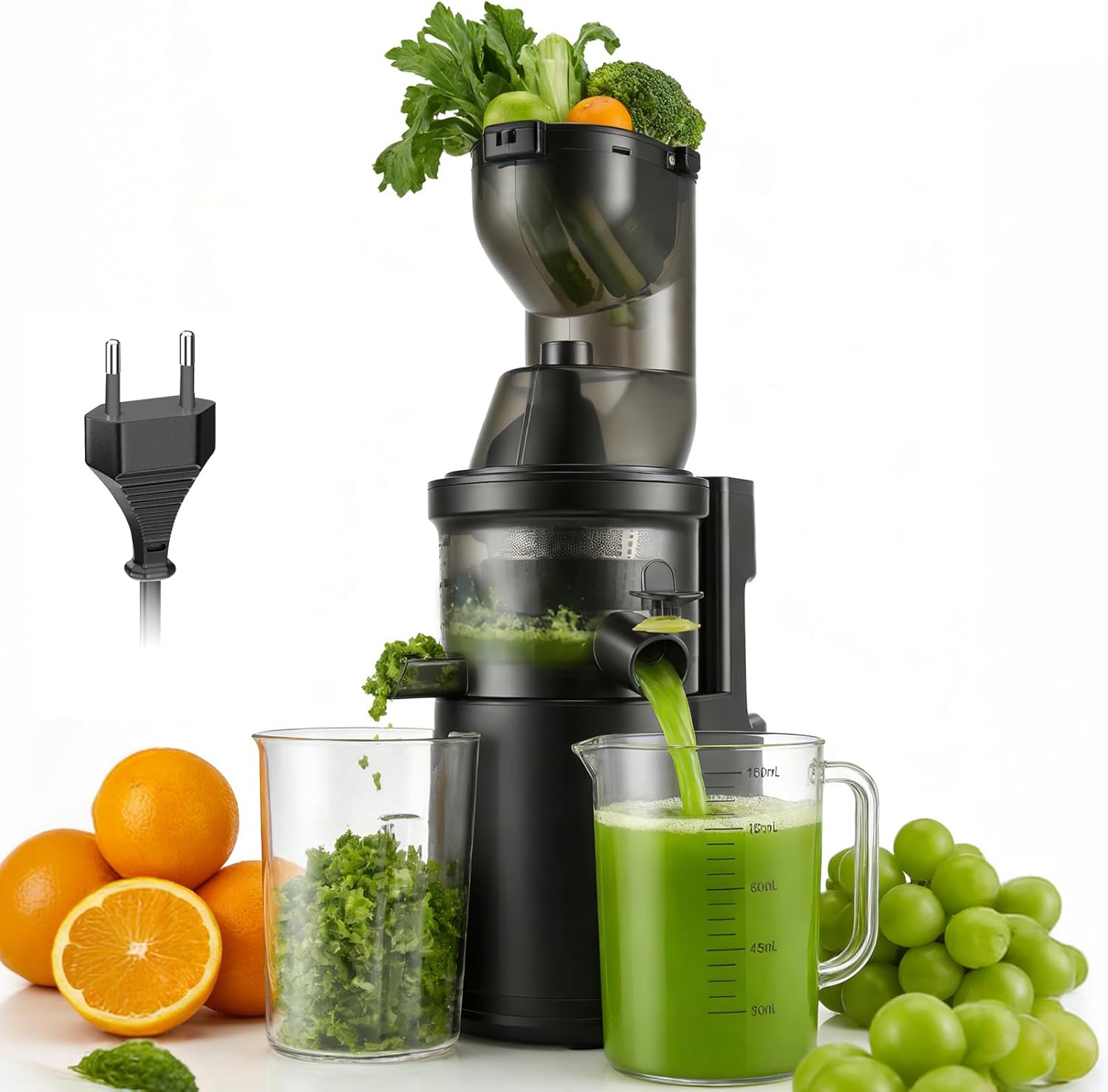 Slow Juicer 500 W, elektrischer Entsafter mit 125 mm breitem Einfüllrohr, Entsafter Gemüse und Obst Testsieger für ganze Früchte und Gemüse, BPA-frei, inklusive 2 Behältern, Pinsel und Saftrezepten