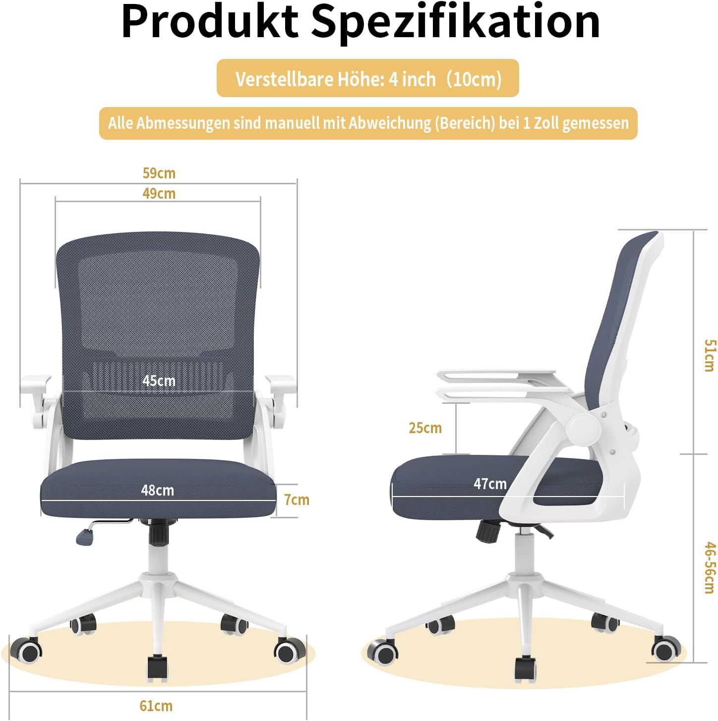 naspaluro Bürostuhl mit klappbaren Armlehnen, ergonomischer Drehstuhl mit Netzbezug, Lordosenstütze, höhenverstellbar, Wippfunktion, gepolstertes Sitzkissen, hellgrau – Bild 2