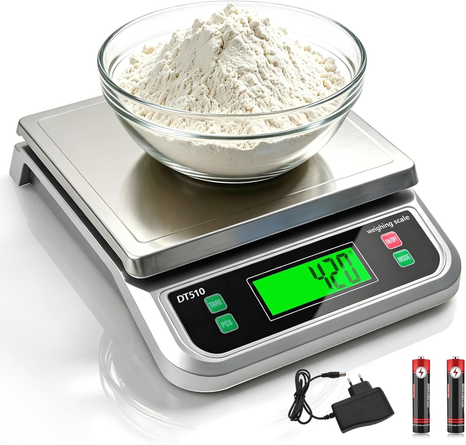 Digitale Küchenwaage, 40 kg Küchenwaage mit Stückzählung und Tarafunktion, Küchenwaage mit 6 Maßeinheiten, g/kg/lb/oz/ml/Milch-ml und LCD-Display, Wiegefläche aus Edelstahl zum Backen und Kochen, Silber