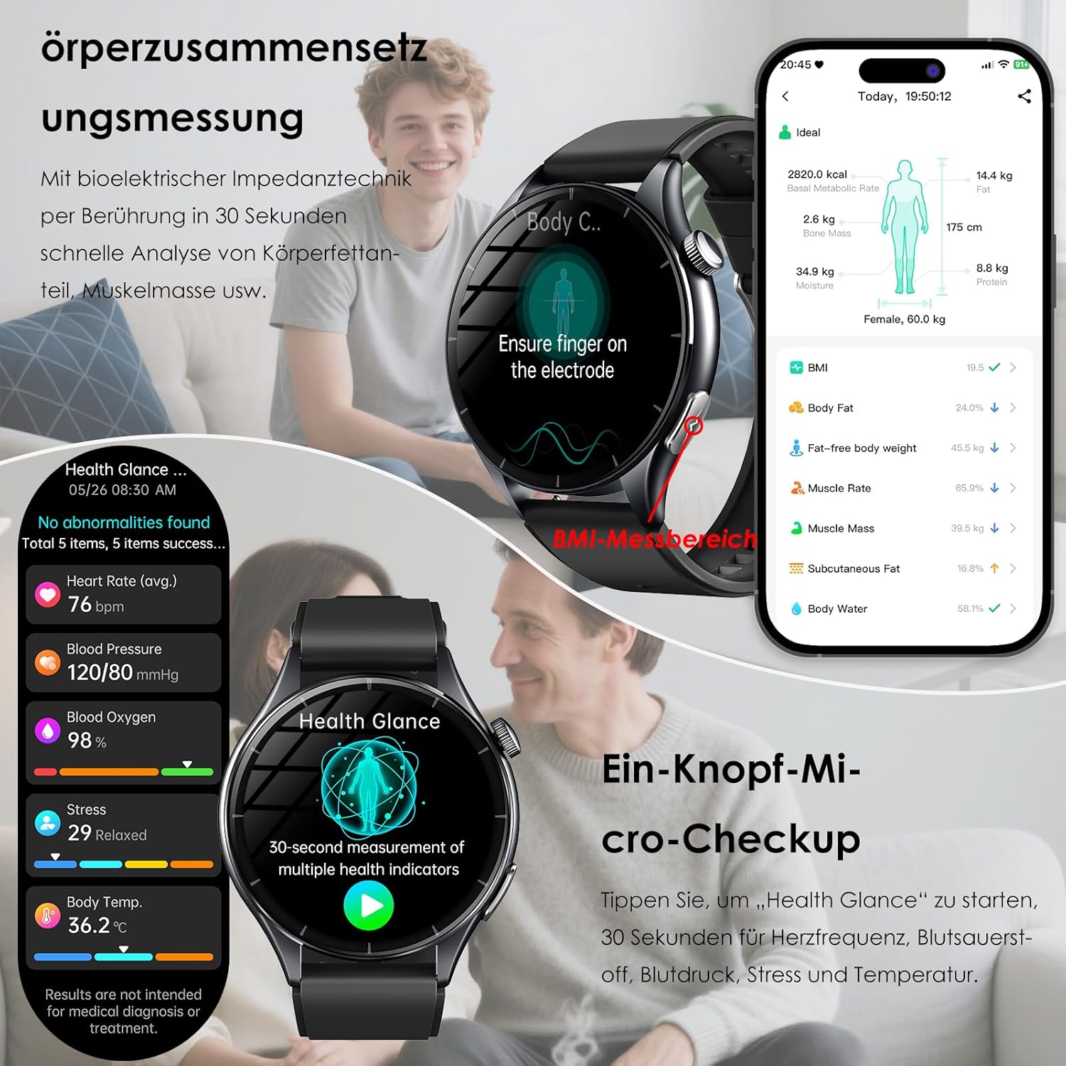 2026 Neue Smartwatch Herren mit EKG/ΒΙυtzυcker/ΒΙutdruck/BMI/HRV/Harnsäure/LED-Licht, 1,56" AMOLED Rund Gesundheitsuhr mit SpO2/Pulsuhr, Schlaf/αρnoe-Monitor, SOS-Notruf Fitnessuhr für iOS Android – Bild 3