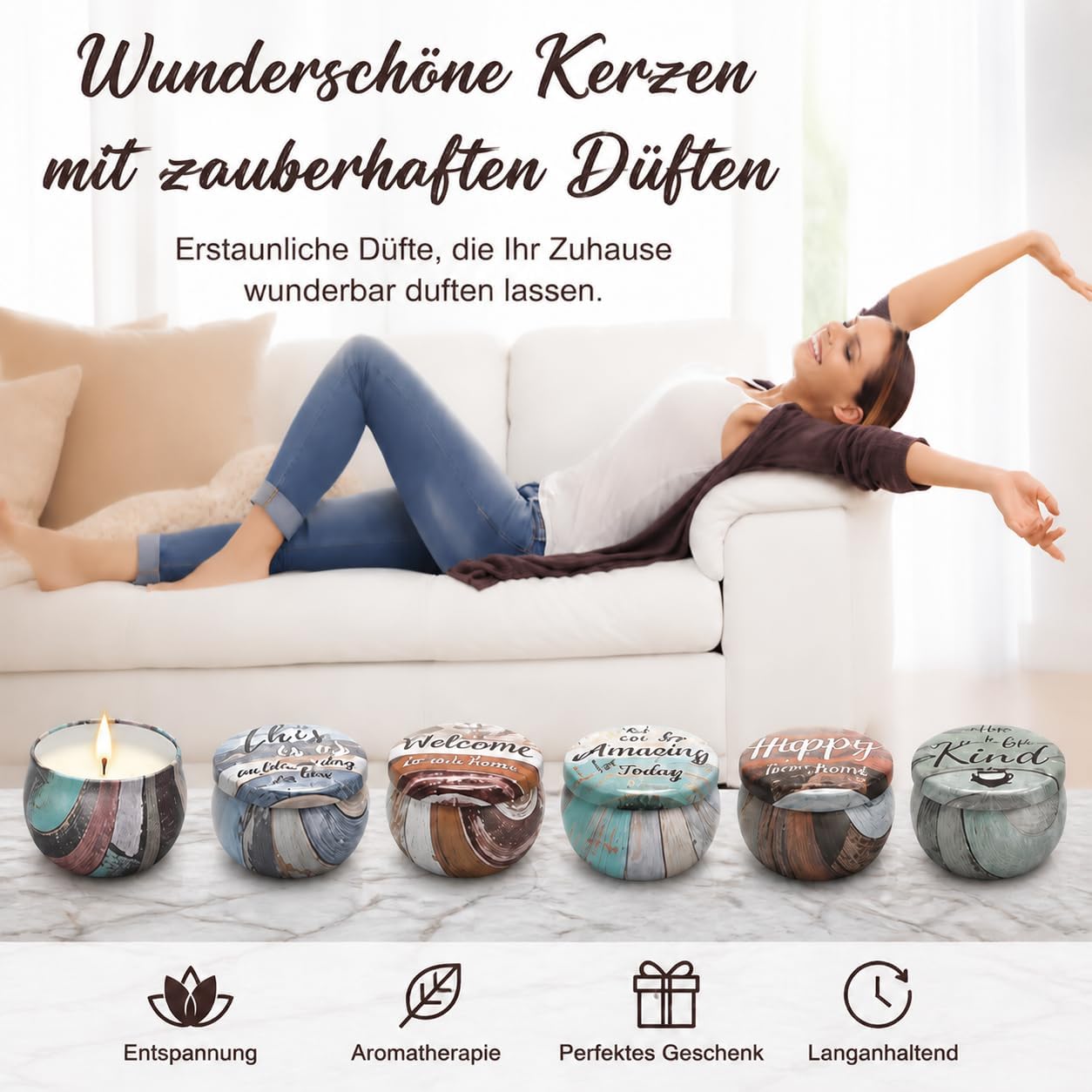 Geschenke für Frauen, Duftkerzen-Set mit dekorativer Holzbox, Set mit 6 Kerzen mit Sprüchen, natürliche Sojawachskerze zum Geburtstag, Geschenkset für Männer und Frauen – Bild 10