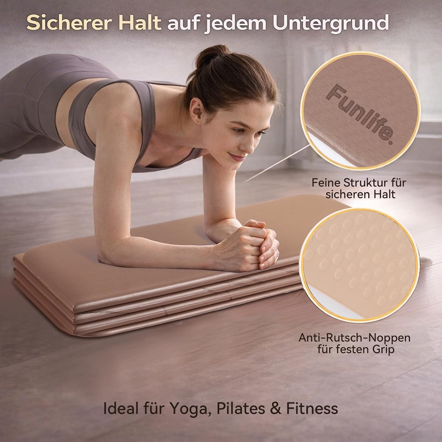 FunLife faltbare Yogamatte 10 mm – extra dicke Fitnessmatte für Yoga, Pilates & Gymnastik, rutschfeste Trainingsmatte, platzsparend, faltbar, für drinnen und draußen – Bild 6