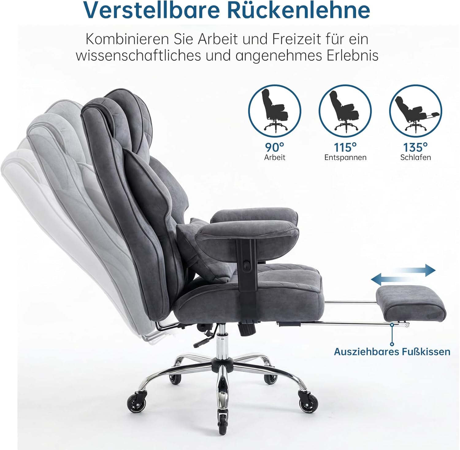 Ergonomischer Bürostuhl mit Fußstütze – Schreibtischstuhl Chefsessel 200 kg, starke Polsterung, hohe Rückenlehne, Lordosenstütze, Armlehnen höhenverstellbar, Wildlederimitat – Bild 4