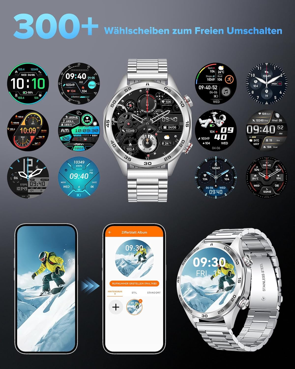 MEGALITH Smartwatch Herren Fitnessuhr: Telefonfunktion Runde Fitnessuhr mit 3 Armbändern – Blutdruckmessung Herzfrequenzmesser Smart Watch Silber Wasserdicht – Bild 6