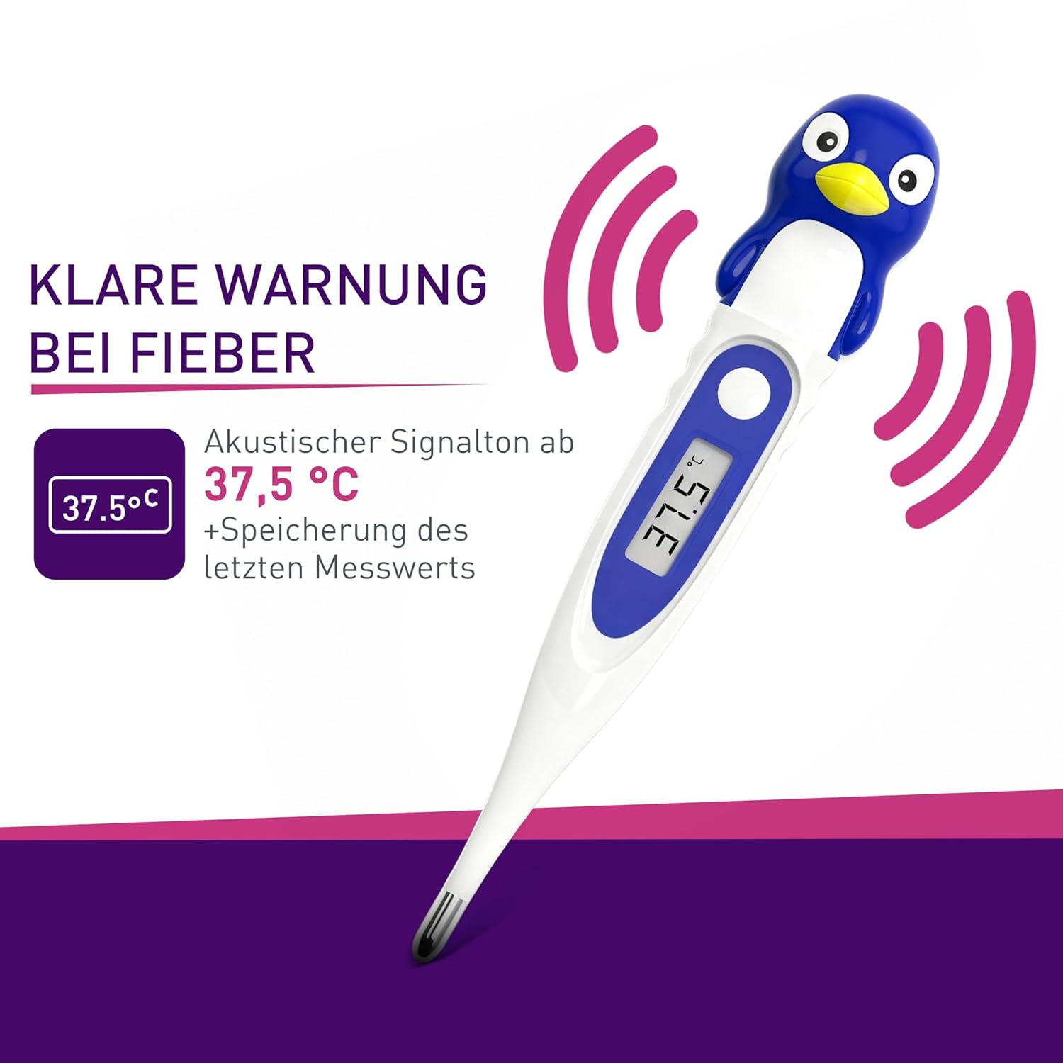 scala SC 44 flex Digitales Fieberthermometer für Babys und Kinder – 10 Sekunden Messzeit, flexible Spitze, Fieberalarm, wasserdicht – oral, rektal und axillär – Pinguin-Motiv – Bild 4