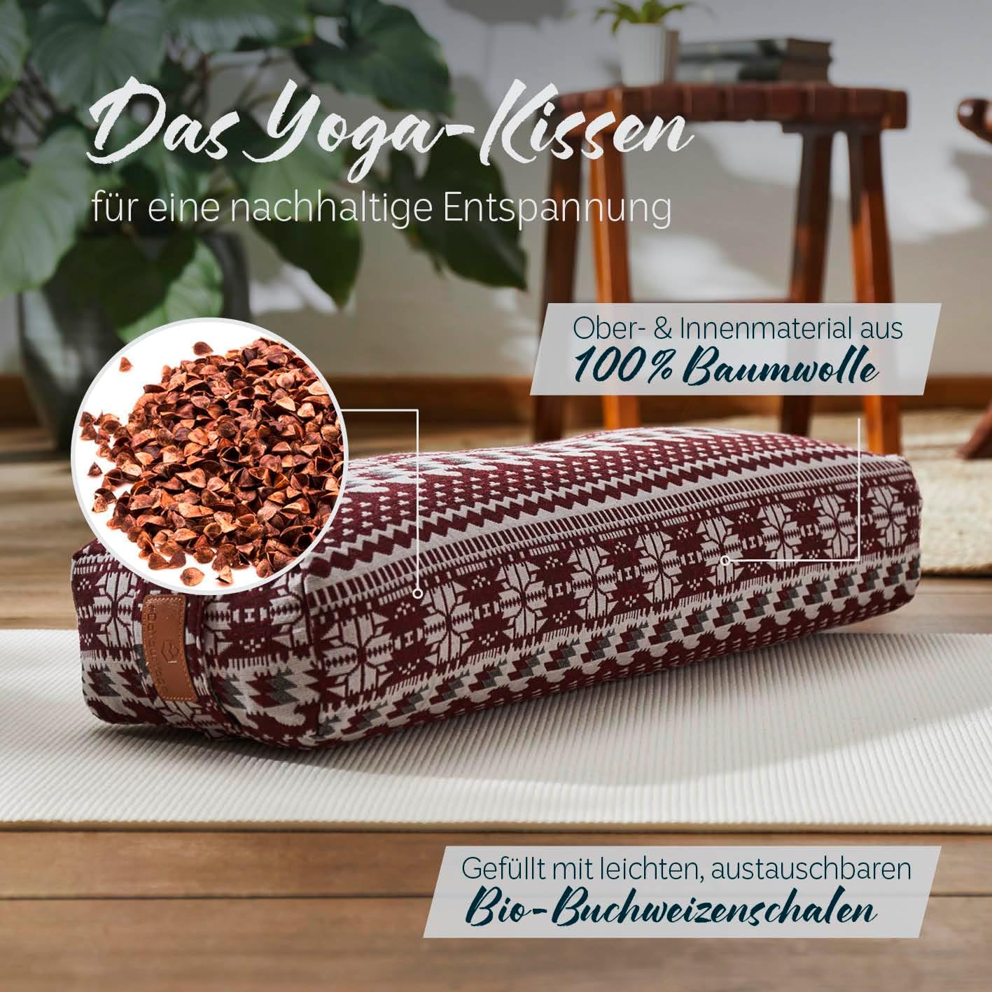 #DoYourYoga Paravati Yoga Bolster 67 cm x 13 cm gefüllt mit Bio-Dinkelspelzen (KBA) oder Bio-Buchweizenspelzen (KBA), Yogakissen mit waschbarem Bezug, Sitzkissen & Zafu-Kissen für Yin Yoga – Bild 2
