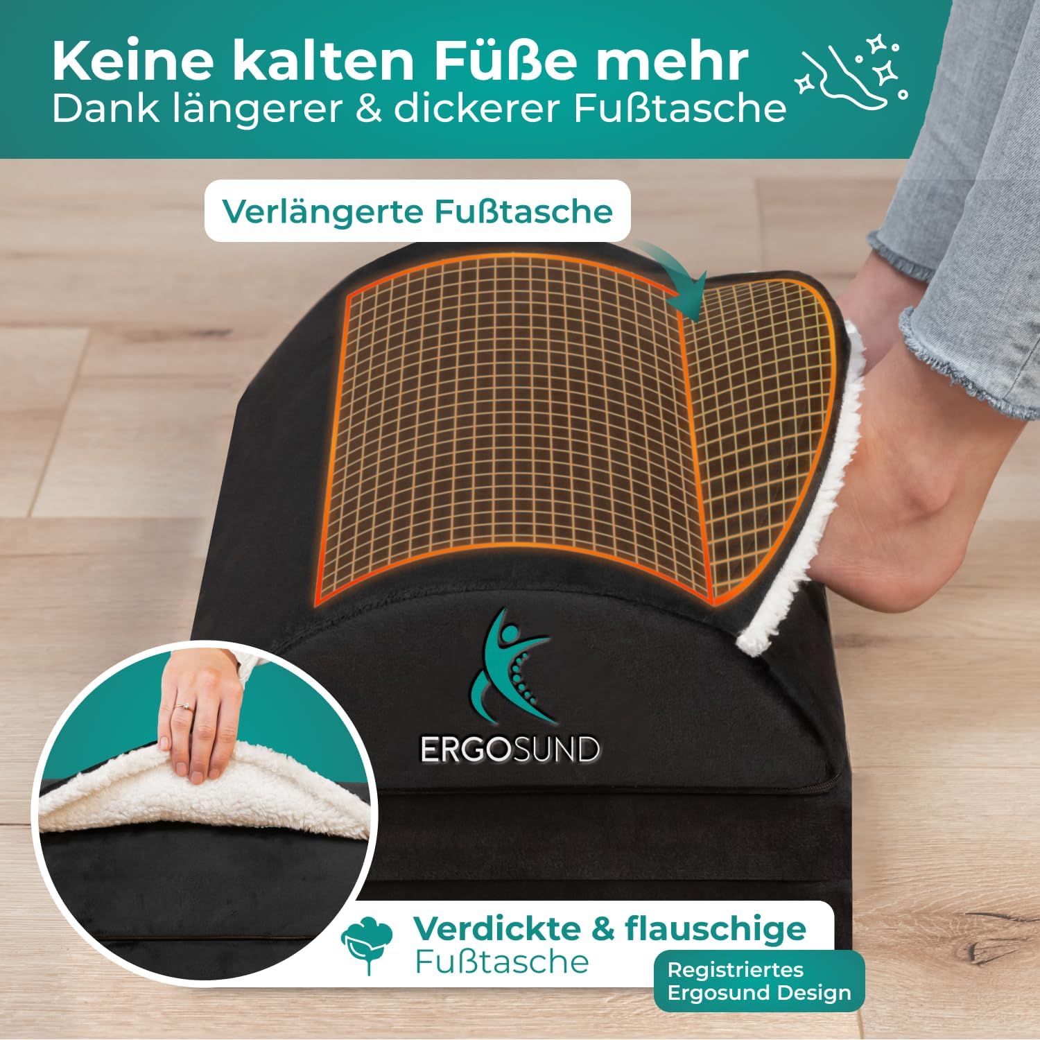 ERGOSUND Fußstützen-Schreibtisch mit Fleece-Fußtasche (3-fach höhenverstellbar) – rutschfest – ergonomischer Fußstützen-Schreibtisch, Heimbüro-Zubehör, Fußstütze – Bild 3