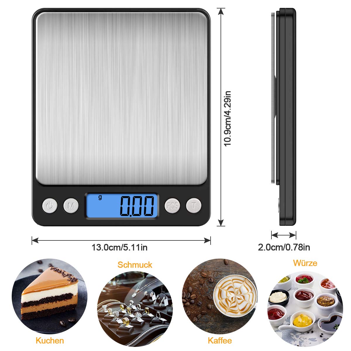Diyife Präzisionswaage 500 g/0,01 g, Briefwaage, Taschenwaage, hohe Präzision, LCD-Display mit Hintergrundbeleuchtung, Küchenwaage mit Tara-Funktion und PCS, mit 2 Ablagen und Batterien – Schwarz – Bild 6