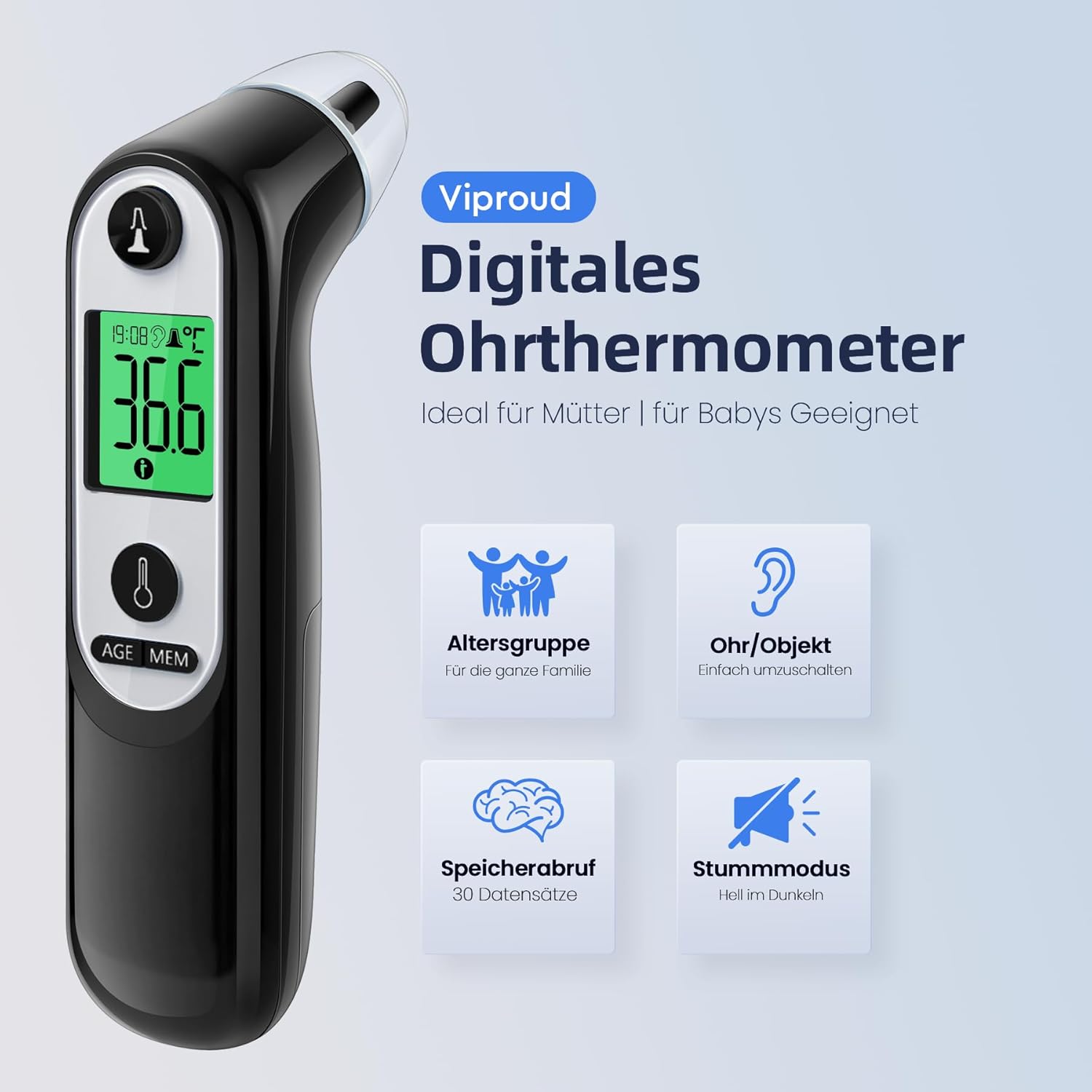 Ohrthermometer für Babys Erwachsene, Ohrenfieberthermometer mit Altersmessung und farbcodierter Temperaturanzeige, digitales Infrarot-Thermometer mit 21 x Einweg-Schutzkappen (schwarz) – Bild 2