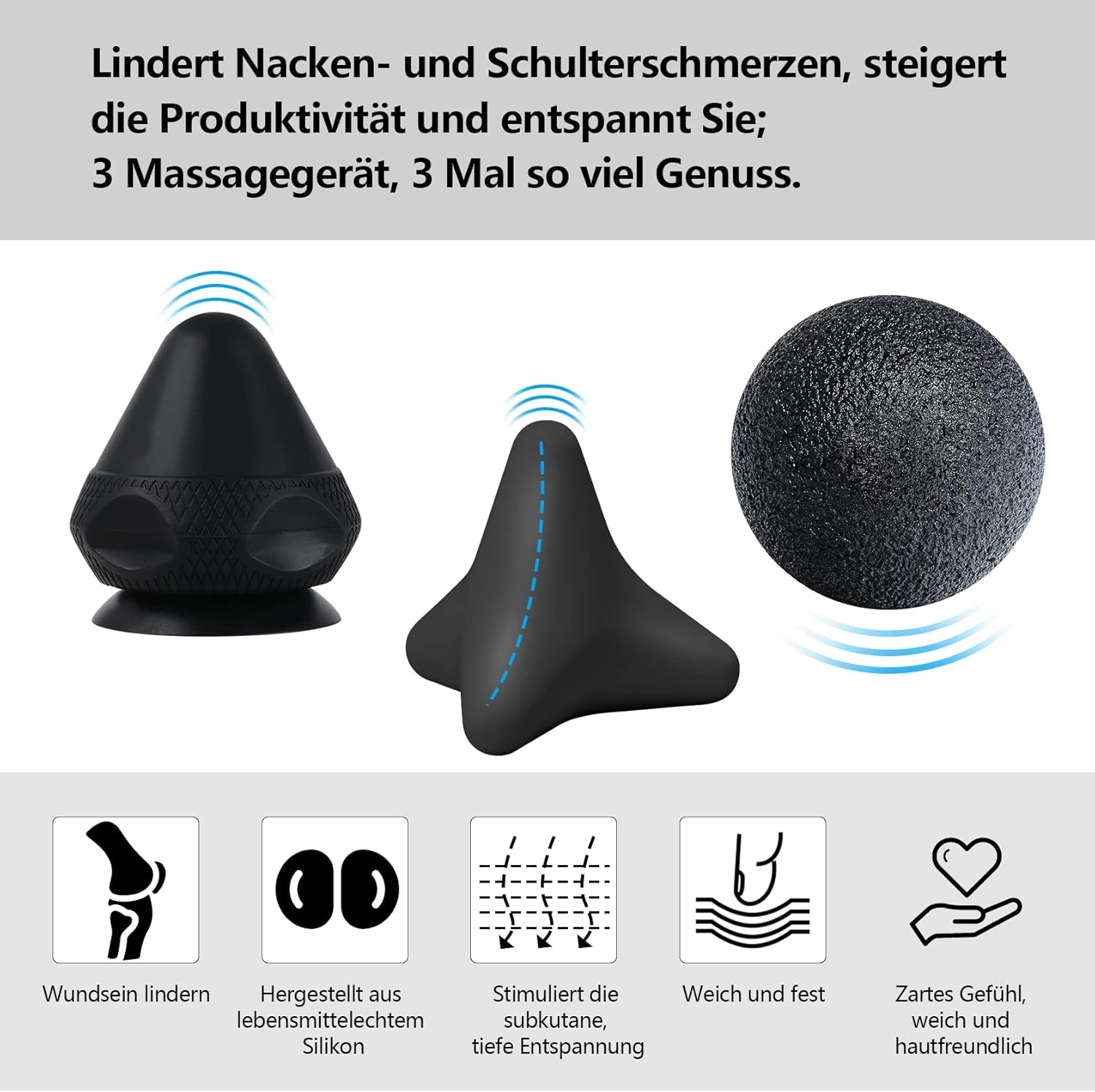 Triggerpunkt-Rakel-Massagegerät + Faszienball, schmerzfreies Press-Set mit Saugnapf und Tasche für Muskelschmerzen und Verspannungen, Osteopressur-Quetsch-Massagegerät zur Selbstmassage (schwarz) – Bild 3