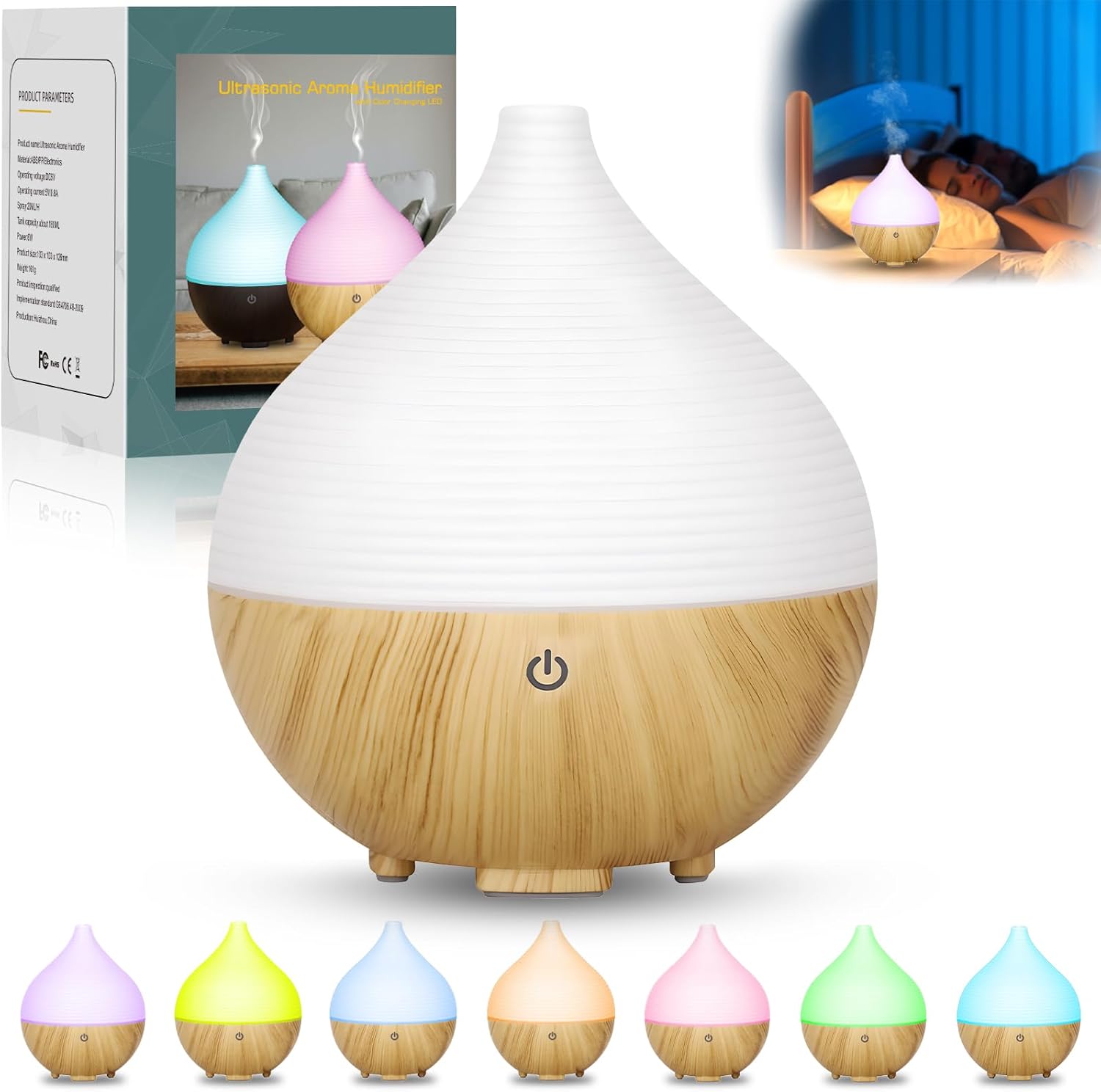 Aromadiffusor, 160 ml, kleiner Ultraschall-Aromatherapie-Diffusor für ätherische Öle, Holzmaserungsdiffusor, automatische Abschaltung bei Wasserlosigkeit, 7 Farben LED für Zuhause, Büro oder