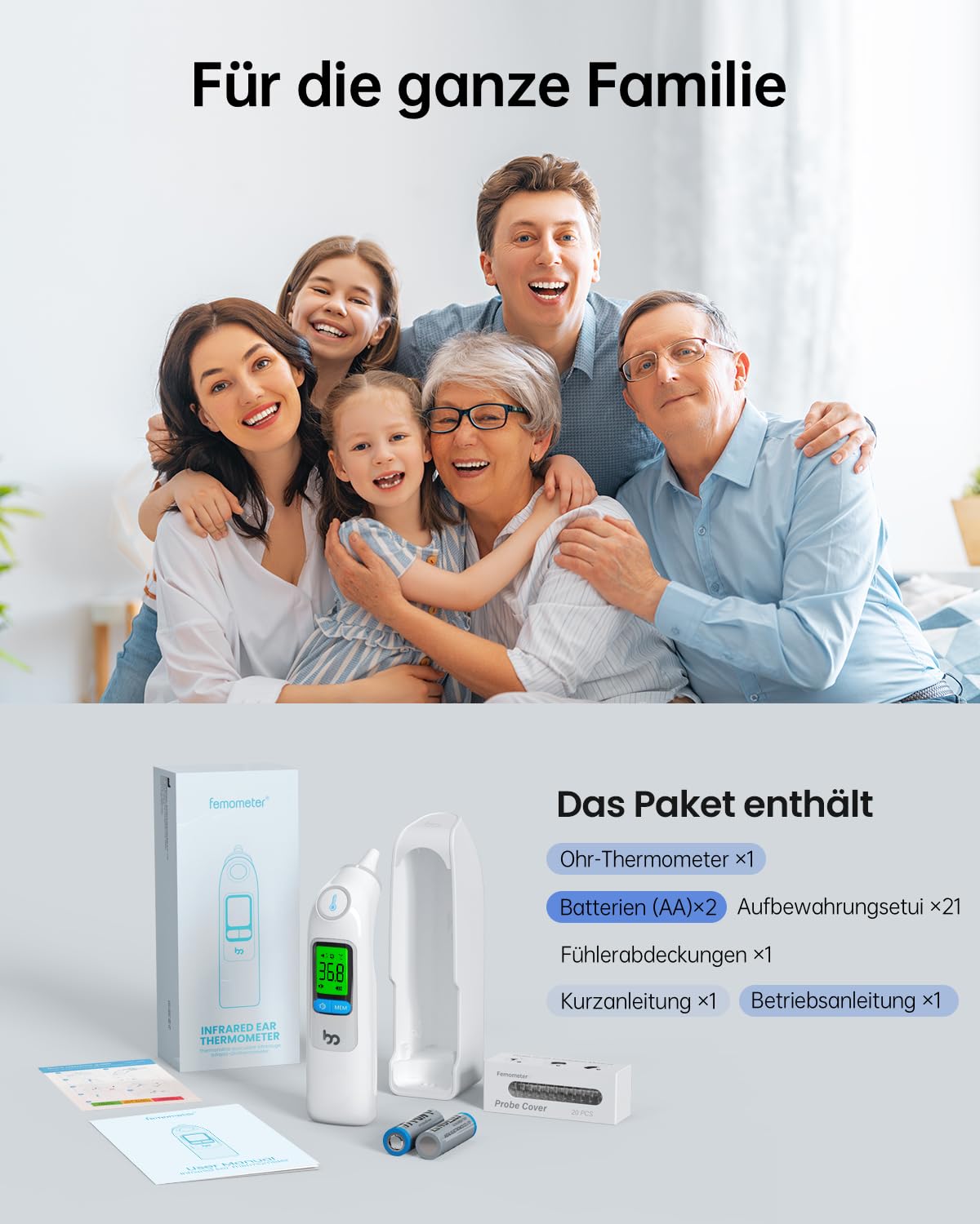 Fieberthermometer Ohr für Erwachsene und Kinder, hochpräzises 1-Sek.-Ohrthermometer, 30 Speicherabrufe, 3-Farben-Fieberalarm, mit 21 Einweg-Sondenhüllen und Aufbewahrungsbox (LCD weiß) – Bild 5