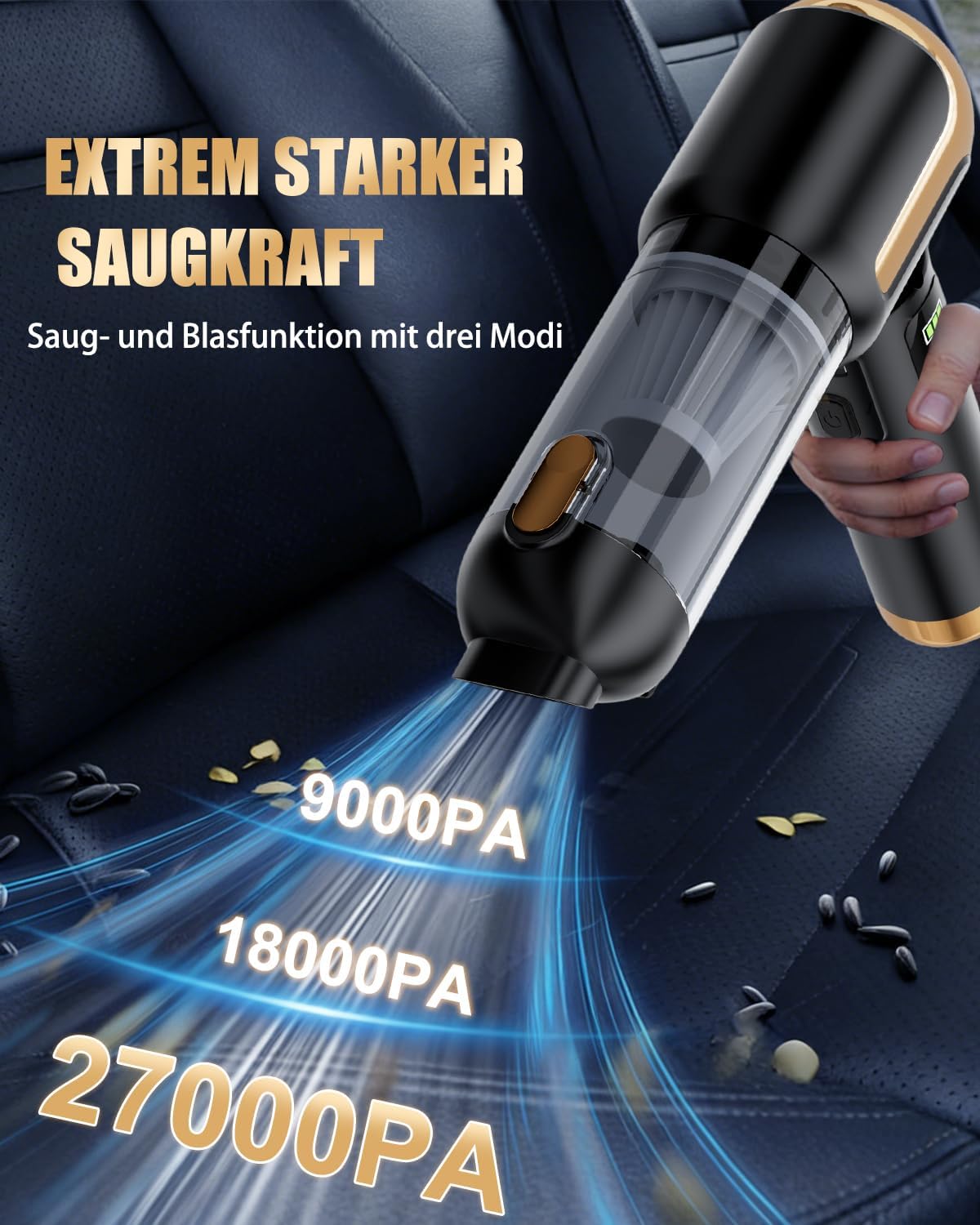 Handstaubsauger Akku kabellos, Autostaubsauger 27000Pa Mini-Staubsauger, wiederaufladbar, tragbar, leicht, Autostaubsauger stark, 220.000 U/min, elektrischer Staubbläser für Auto, Küche, PC, Sofa, Büro, Schwarz – Bild 2