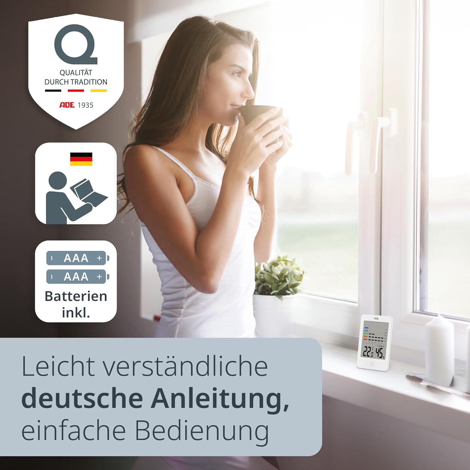 ADE Digitales Hygrometer für den Innenbereich mit Schimmelalarm | Feuchtigkeitsmesser mit Thermometer | Temperatur- und Luftfeuchtigkeitsmesser | Großes LCD-Display | Weiß – Bild 7