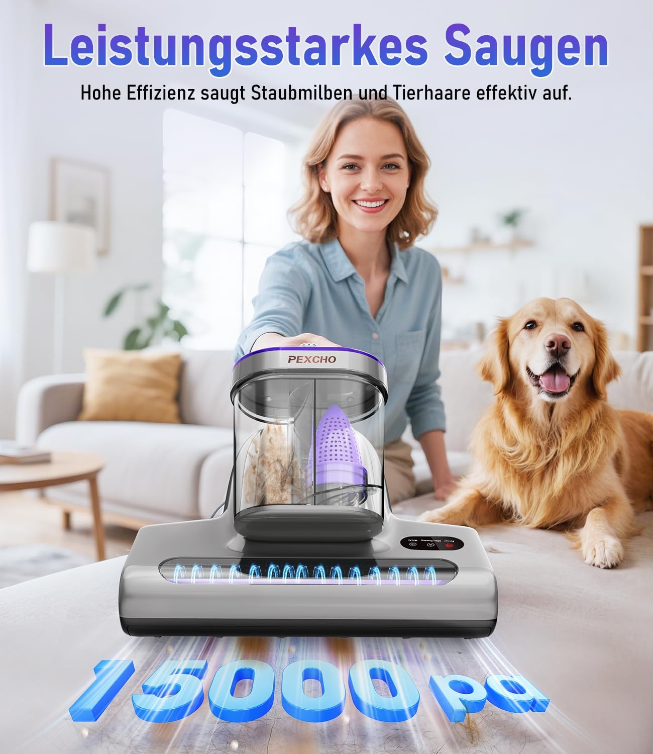 PEXCHO PM600 Milbenstaubsauger mit UV-Licht, 500 W Matratzenstaubsauger für Allergiker, Filter zur Entfernung von 99,9 % der Hausstaubmilben, Allergene, Tierhaare aus Matratzen, Teppichen und Sofas – Bild 2