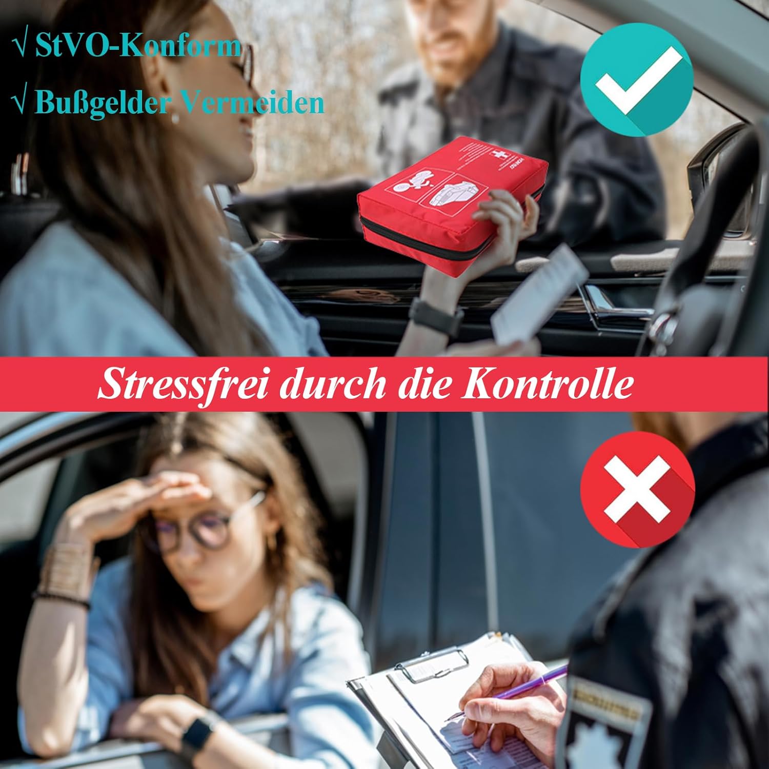 HONYAO Erste-Hilfe-Set Auto 2026, Auto-Verbandstasche nach aktueller DIN 13164, Erste-Hilfe-Set Auto 2026, StVO-konform, Auto-Verbandskasten für Auto, Motorrad, LKW, Wohnwagen, europaweit gültig – Bild 4