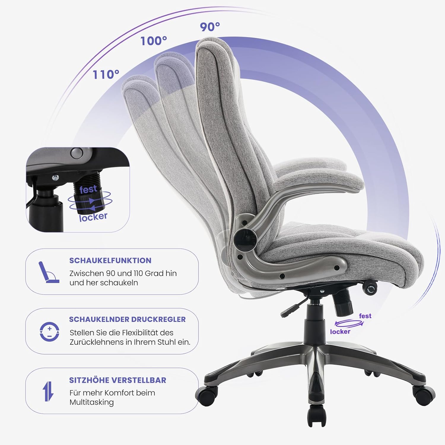 COLAMY Ergonomischer Bürostuhl, Chefsessel mit hoher Rückenlehne, ergonomischer 360°-Drehstuhl für Büro, Schreibtischstuhl, Stoffstuhl mit verstellbarem Neigungsverschluss, Grau – Bild 5