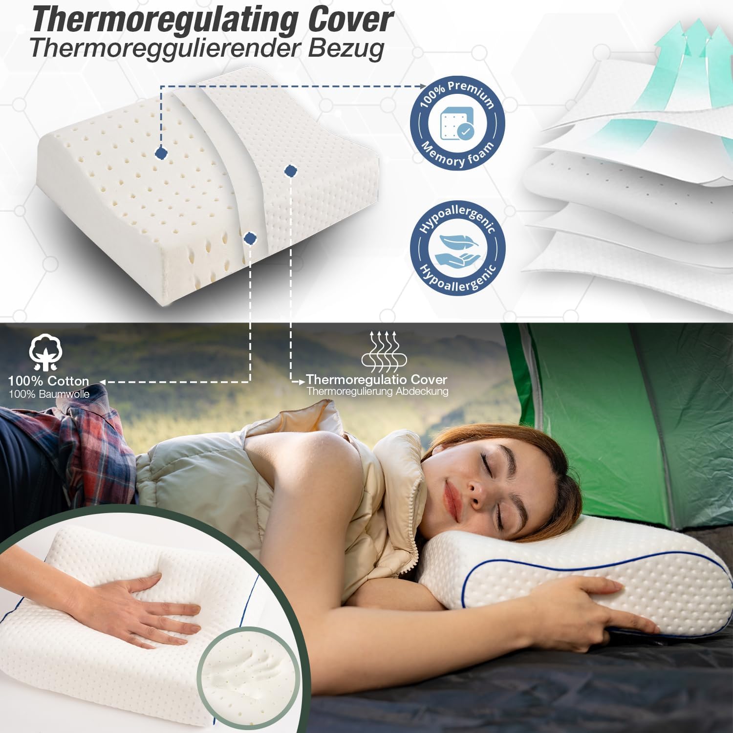 Reisekissen, Campingkissen, ergonomisches Memory-Schaum-Kissen mit temperaturregulierendem Bezug, Öko-Tex, hergestellt in Grün – Bild 5
