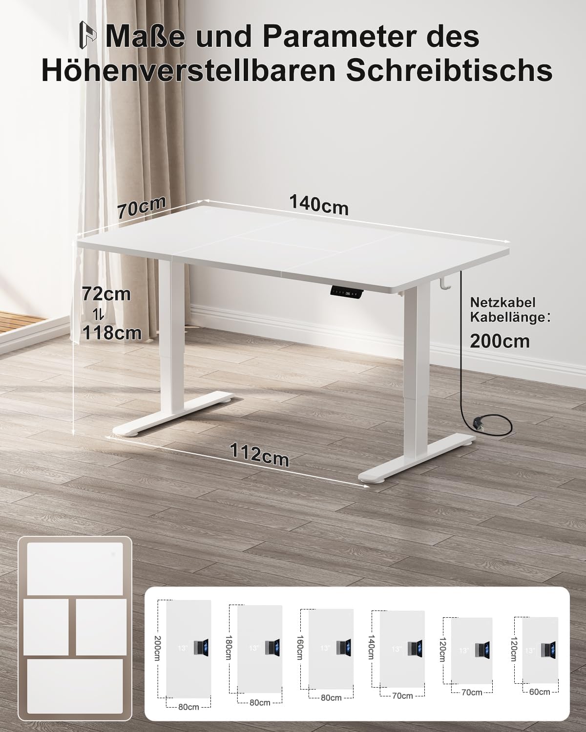 Homall höhenverstellbarer Schreibtisch 140 x 70 cm, elektrischer Schreibtisch mit vierteiliger Tischplatte, Computertisch mit Memory-Funktion, Stehpult – Bild 3