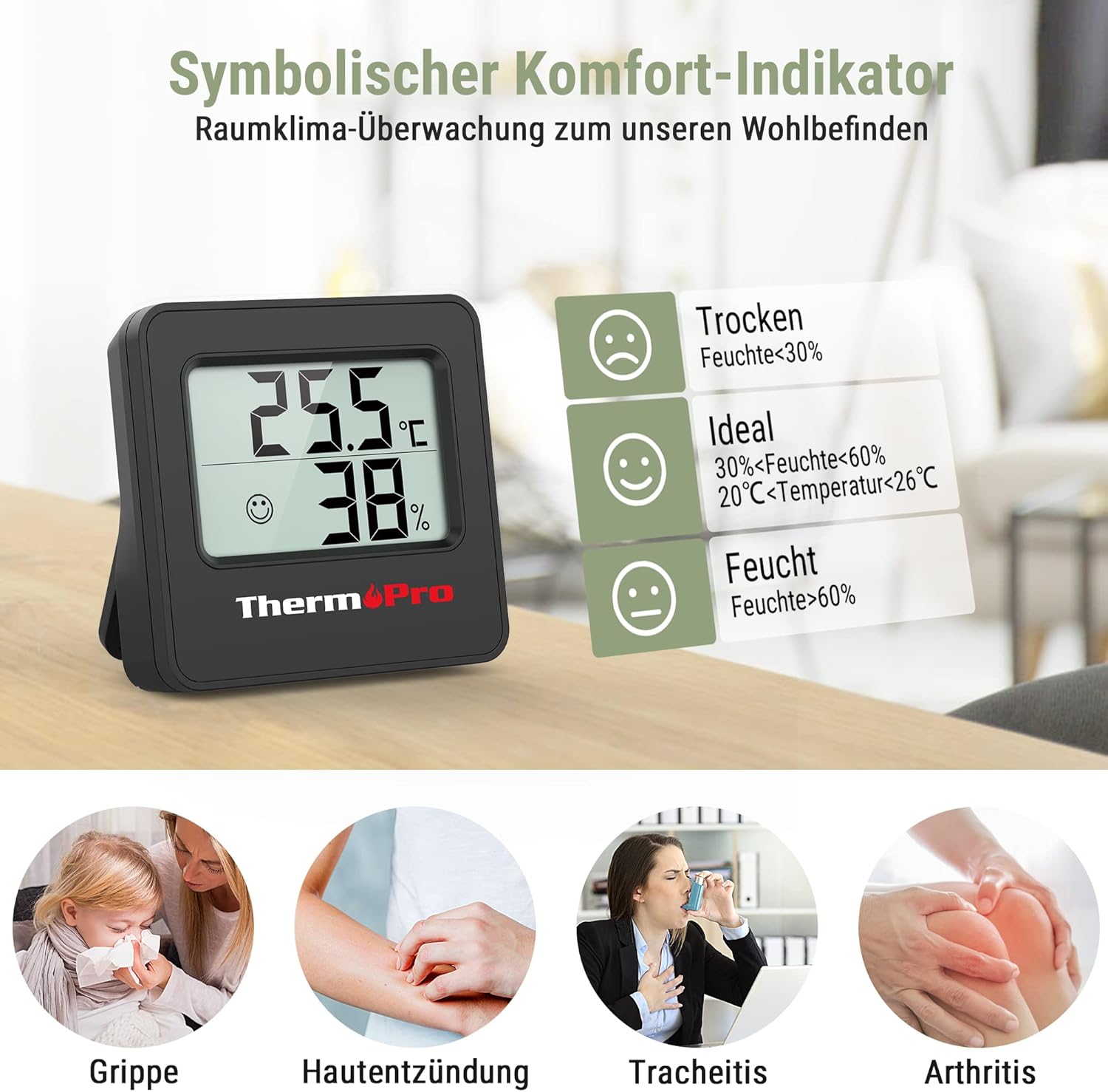 ThermoPro TP157 Mini-Hygrometer-Thermometer für den Innenbereich, 3er-Set, 0,5 °C, präzises Raumthermometer, Luftfeuchtigkeitsmesser mit Smiley-Anzeige, ideal für Wohnzimmer, Büro, Garage oder Gewächshaus, Schwarz – Bild 4