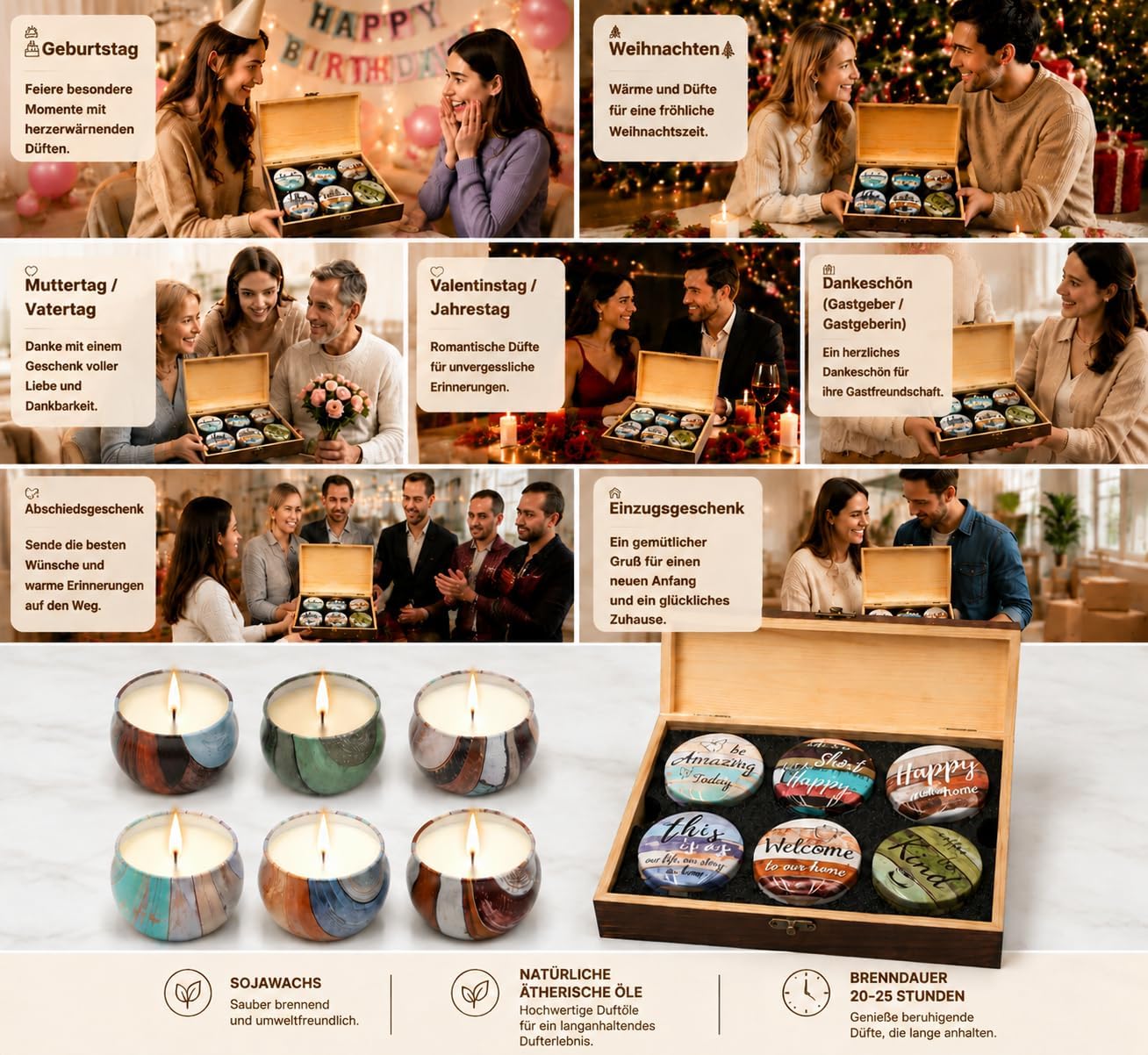 Geschenke für Frauen, Duftkerzen-Set mit dekorativer Holzbox, Set mit 6 Kerzen mit Sprüchen, natürliche Sojawachskerze zum Geburtstag, Geschenkset für Männer und Frauen – Bild 5