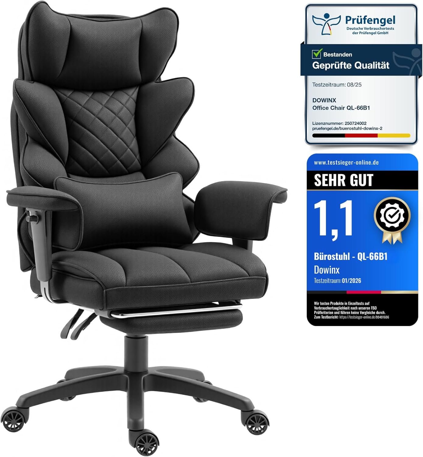 Dowinx Gaming Stuhl, Bürostuhl Ergonomisch mit Taschenfeder-Kissen, Chefsessel mit doppellagiger weicher Rückenlehne und verstellbaren Lendenkissen, Armlehnen und Fußstütze, Stoff-Schwarz