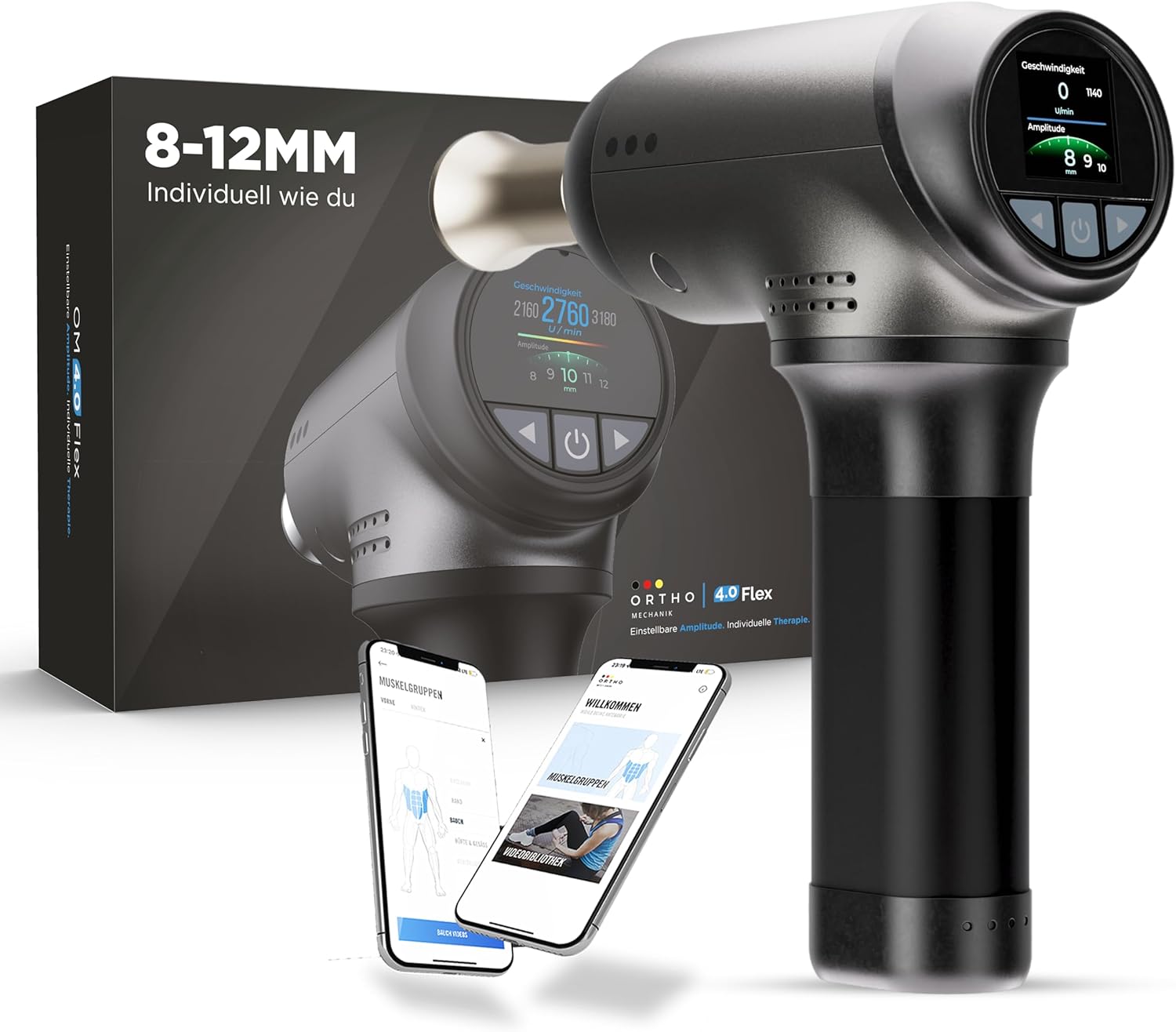 OrthoMechanik 4.0 Flex | OrthoGun | Variable Amplitude (8–12 mm) und interaktive App mit Videoanleitung | 8 Anhänge | 4000-mAh-Akku