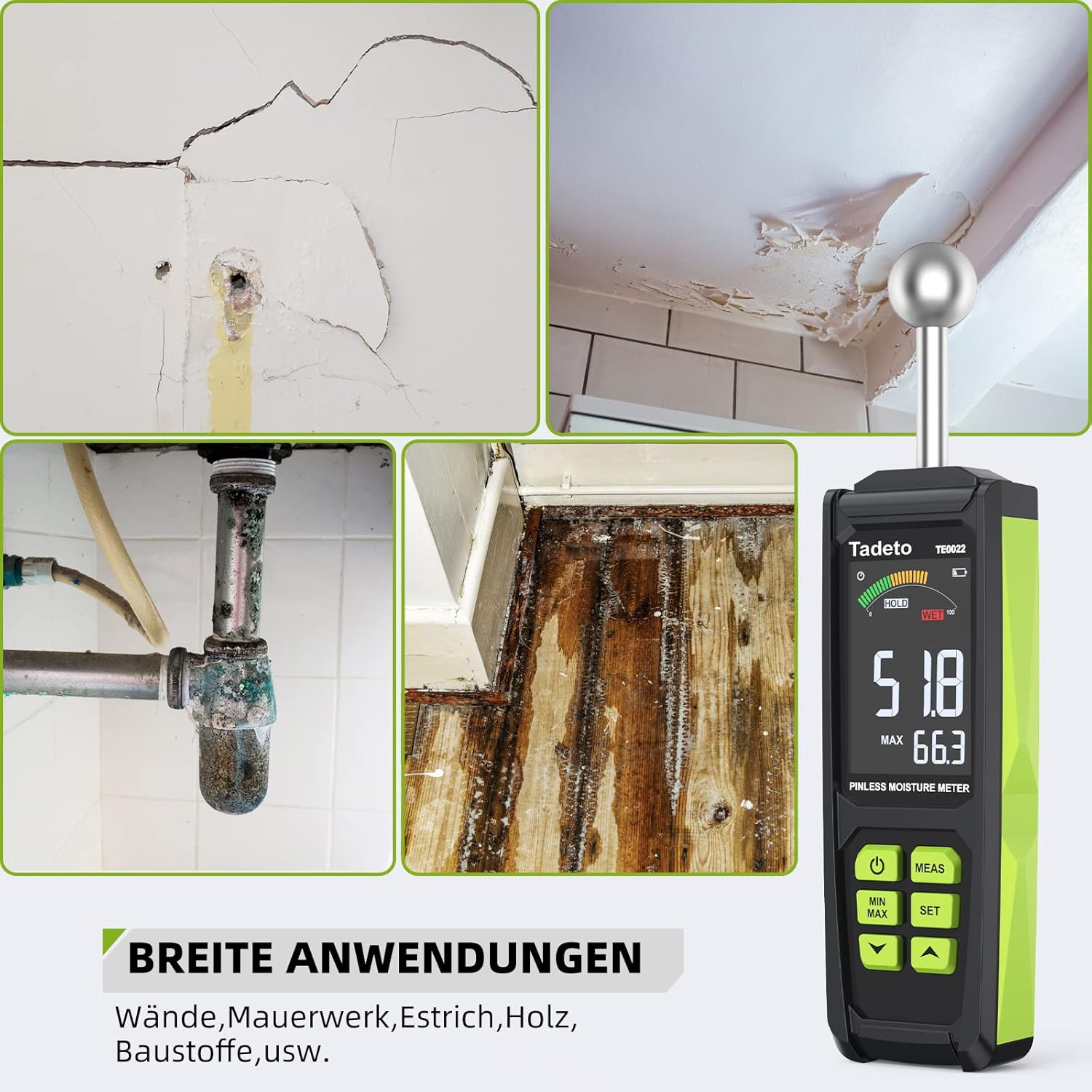 Feuchtigkeitsmesser, Tadeto Feuchtigkeitsmesser 20-40 mm Analysetiefe mit Farb-LCD Alarmfunktion Haltefunktion Feuchtigkeitsmesser für Wände, Holz, Mauerwerk, Beton, Putz, Baumaterialien – Bild 5