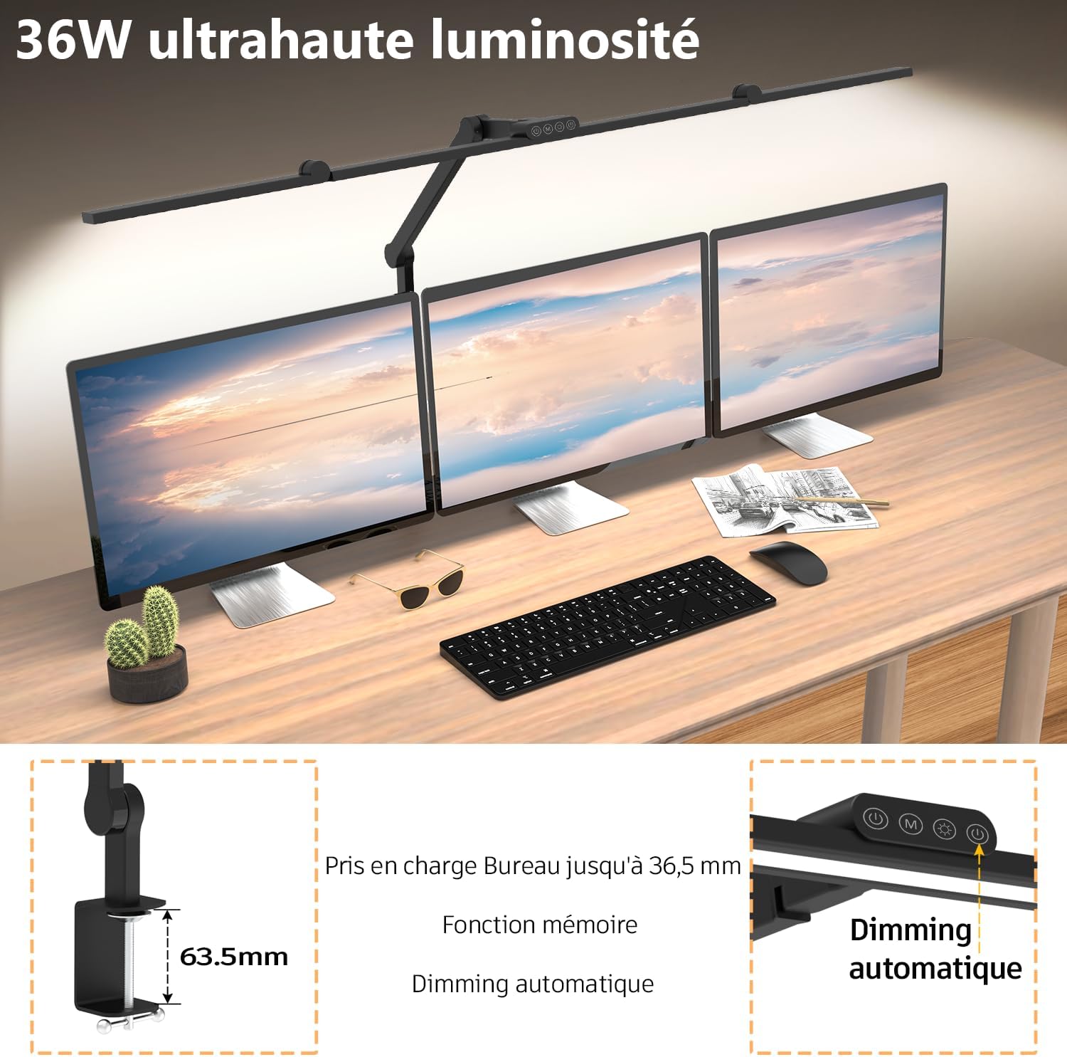 EPABINA Die 3000 Lumen Schreibtischlampe Klemmbar, 36W LED Dimmbare Tageslichtlampe, Drehbare Tischlampe, 120cm Monitorlampe mit automatischer Schreibtischbeleuchtung zum Zeichnen – Bild 2
