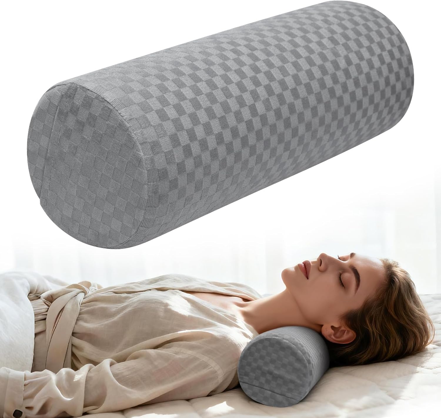 pozico Memory Foam Nackenrolle 14 × 37 cm – Ergonomisches Nackenstützkissen mit Gurt – Kissenrolle mit Bezug als Nacken- & Knierolle für Bett, Büro & Reisen