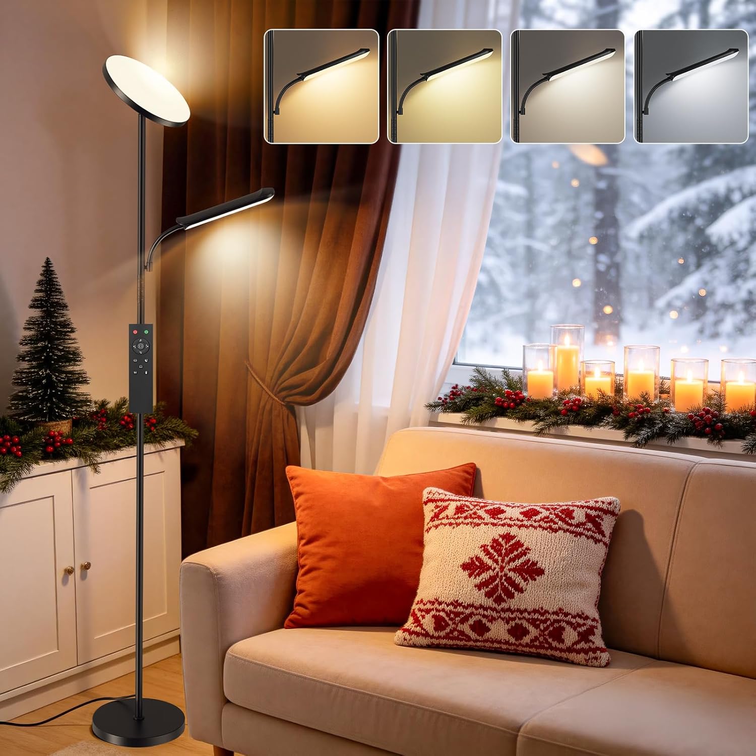 Wohnzimmer Stehlampe, 42W Deckenfluter mit Leselampe, 4200LM LED Stehlampe Dimmbar mit 2700K-6500K Farbtemperatur, Moderne Stehlampe mit Fernbedienung und Touch-Steuerung für Wohnzimmer, Schlafzimmer – Bild 2