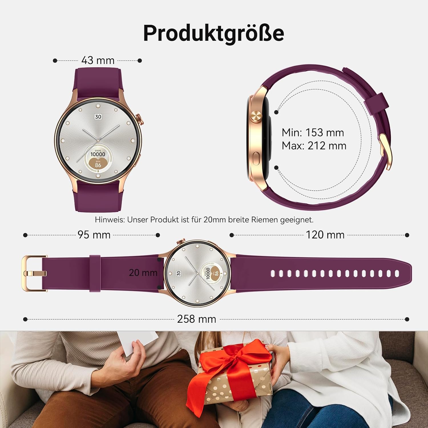 Runde Smartwatch für Damen mit Telefonfunktion, 1,32 Zoll AMOLED-Display, Fitnessuhr mit 110+ Sportmodi & 3ATM, Fitness-Tracker für iPhone/Android, Schrittzähler mit Herzfrequenzmesser, SpO2, Schlafmonitor, Lila – Bild 8